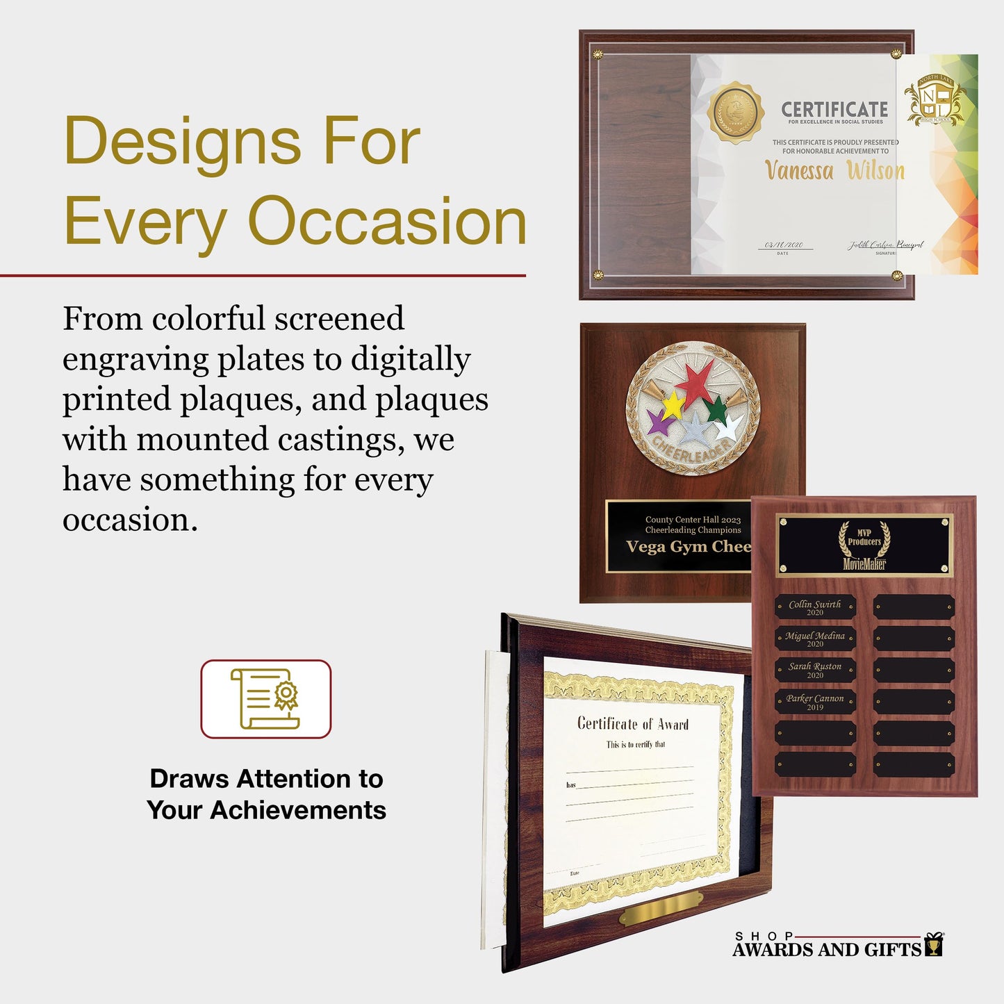 SHOP AWARDS AND GIFTS 9 x 12 Inch Perpetual Plaque Award Multiple Name Plate Board for Employee Appreciation, Recognition, Achievement, Walnut Finish with Black and Gold Header, 12 Name Plates
