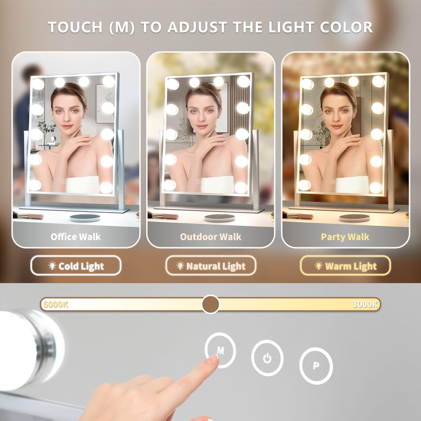 NUSVAN Vanity Makeup Mirror with Lights,3 Color Lighting Modes Detachable 10X Magnification Mirror Touch Control,360°Rotation, White (14.6Inch)