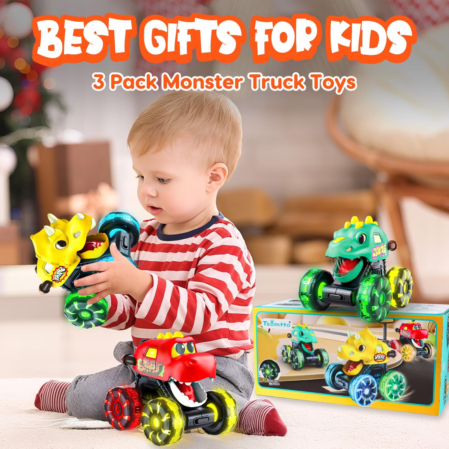 Monster Truck Toys Dinosaur Cars for Toddlers 1-3, Press and Go Cars Truck Toys for 1 2 3 Year Old Boys Girls Gift, Light Up Boy Toy Dinosaur Cars for 1 2 3 One Two Year Old Boy Birthday Gifts (Small)