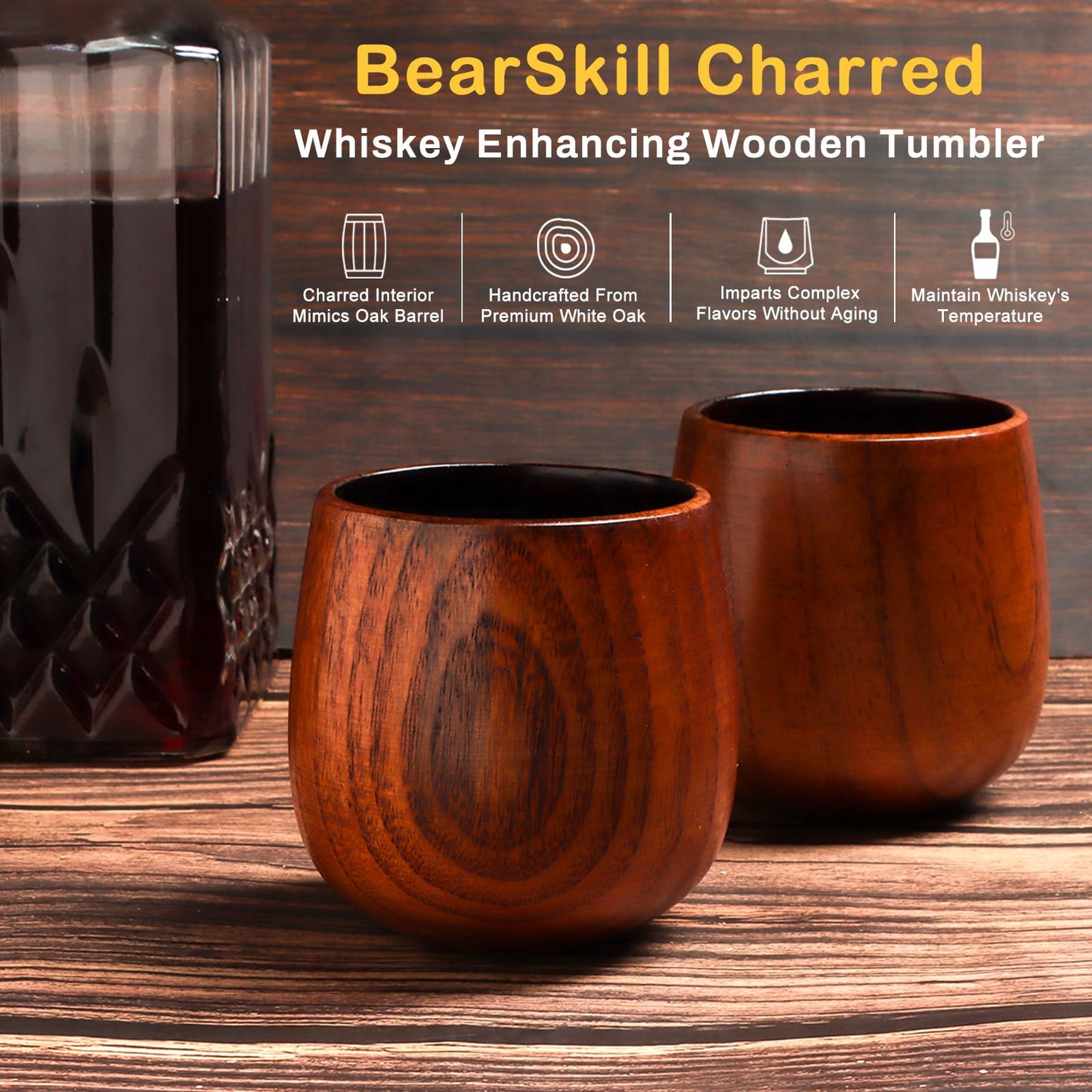 Charred Wooden Bourbon Drinking Glass, Whiskey Tumbler, Bourbon Gifts for Men - Wooden Old Fashioned Glass | Great Whiskey Gifts for Men