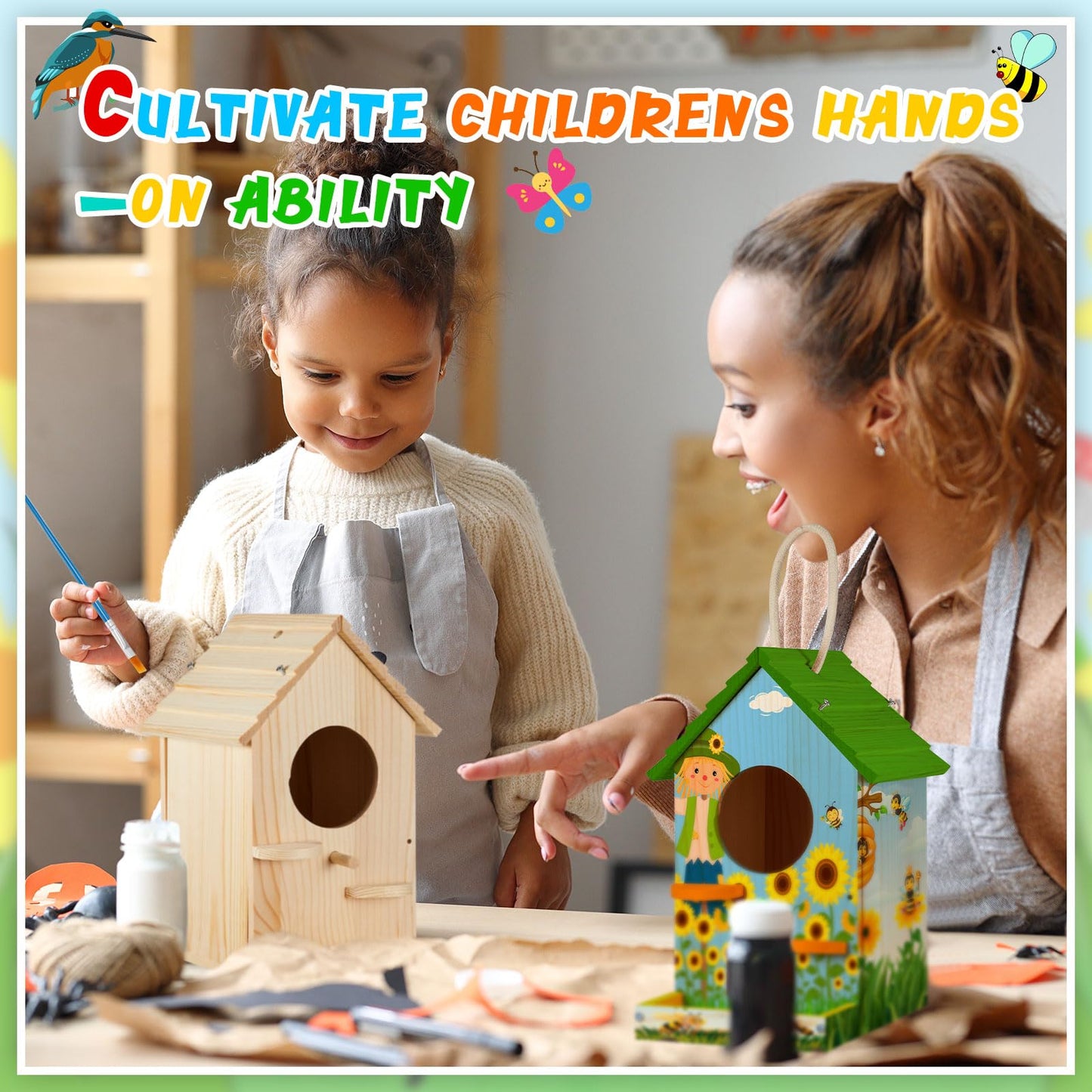 Liliful 6 Pack Birdhouse Kit DIY Wooden Bird House with Paint and Paintbrushes Arts and Crafts Painting Kits for Boys Girls Adults Build Paint Classroom Birthday Indoor Outdoor Craft