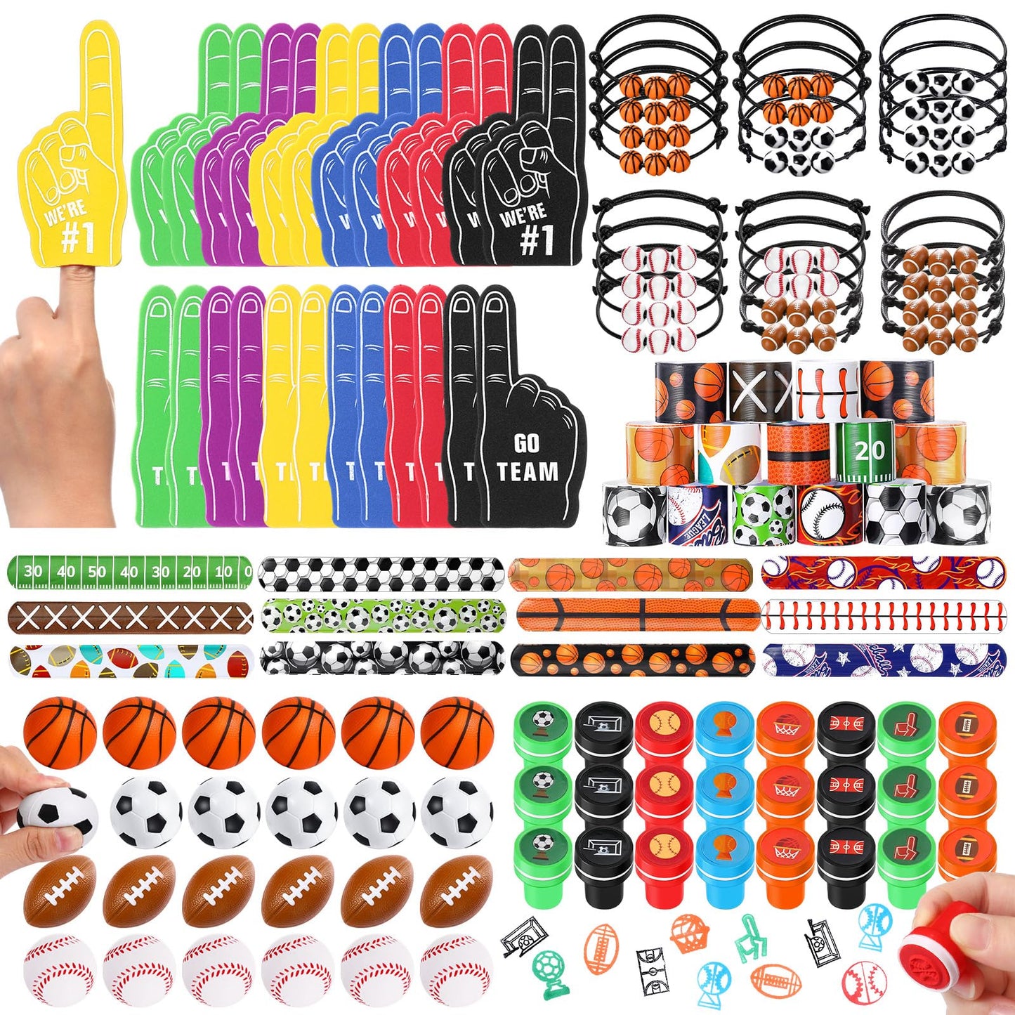 Aoriher 120 Pcs Sport Balls Party Favors Set Serve 24, Basketball Football Soccer Goodie Foam Finger Mini Stress Ball Slap Bracelet Charm Bracelet Stamp for Kids Party Supplies