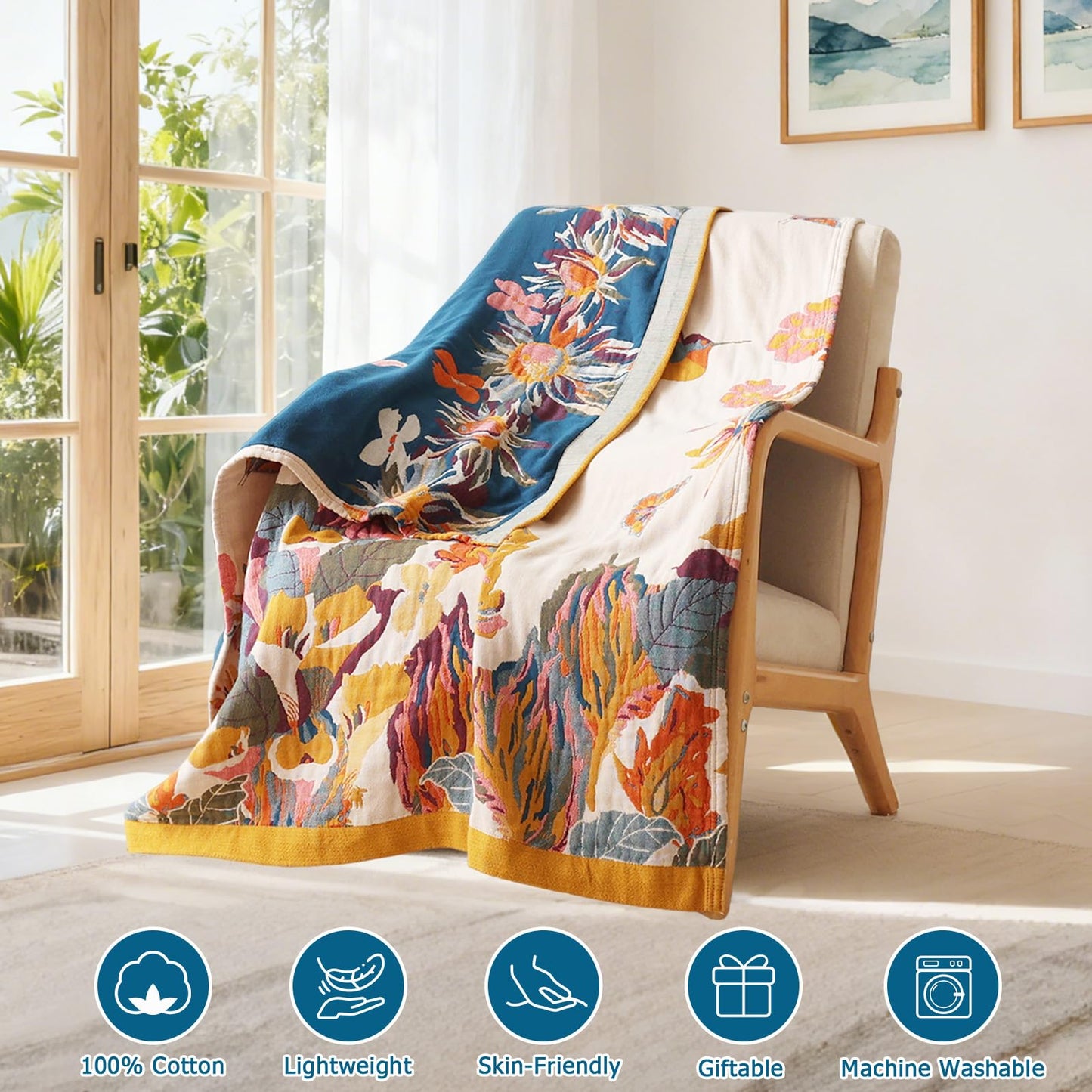 Wzvzss Boho Throw Blanket - 100% Cotton Soft Summer Throw Blanket for Bed, 90"x108" Reversible Breathable Lightweight Blankets, All Seasons Farmhouse Decor Floral Plant Butterfly Throw Quilt