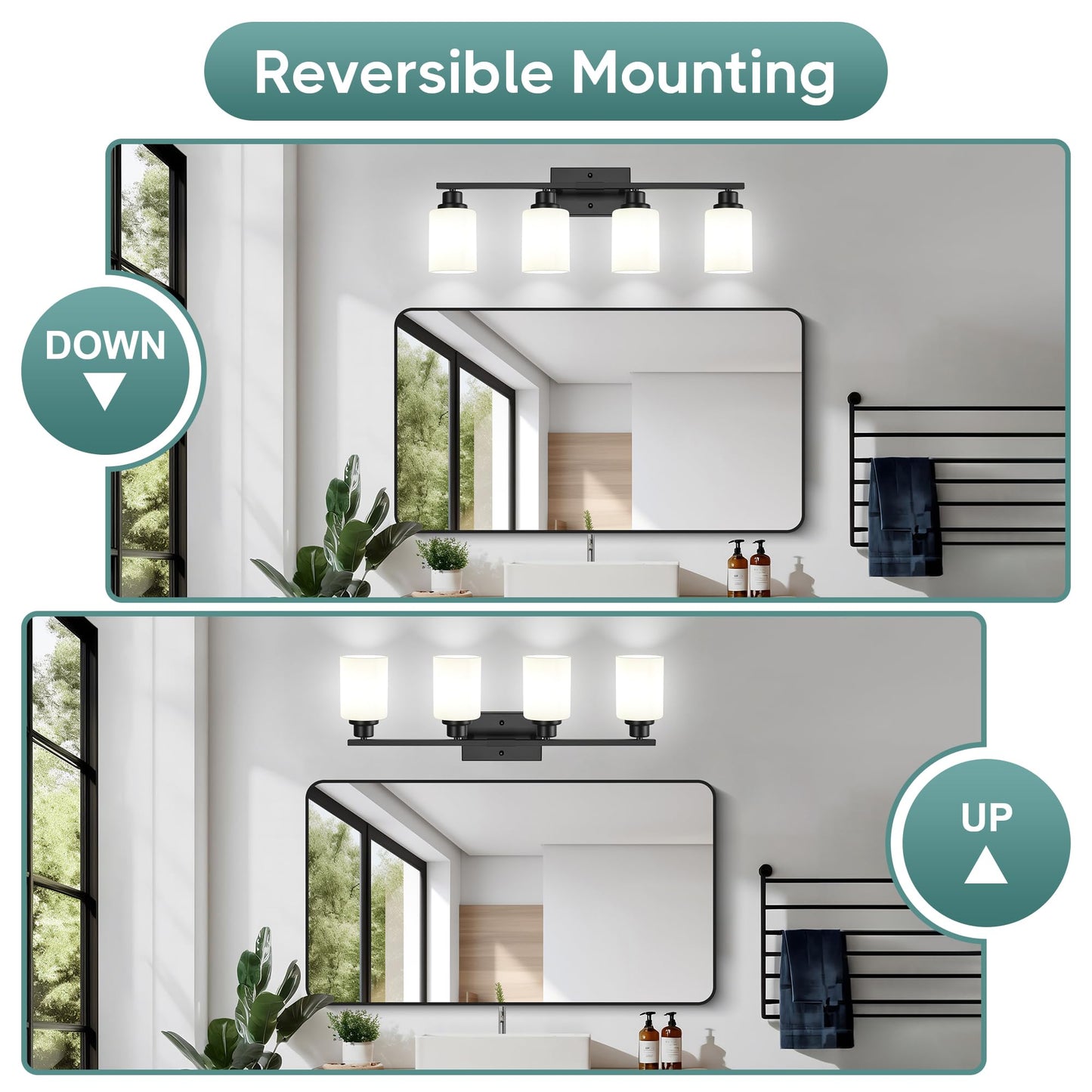 Ascher Bathroom Light Fixtures, 4-Light Vanity Light Over Mirror, Matte Black Wall Sconces with Milky White Frosted Glass Shades, Wall Lamp for Living Room Bedroom, E26 Base(Bulbs Not Included)