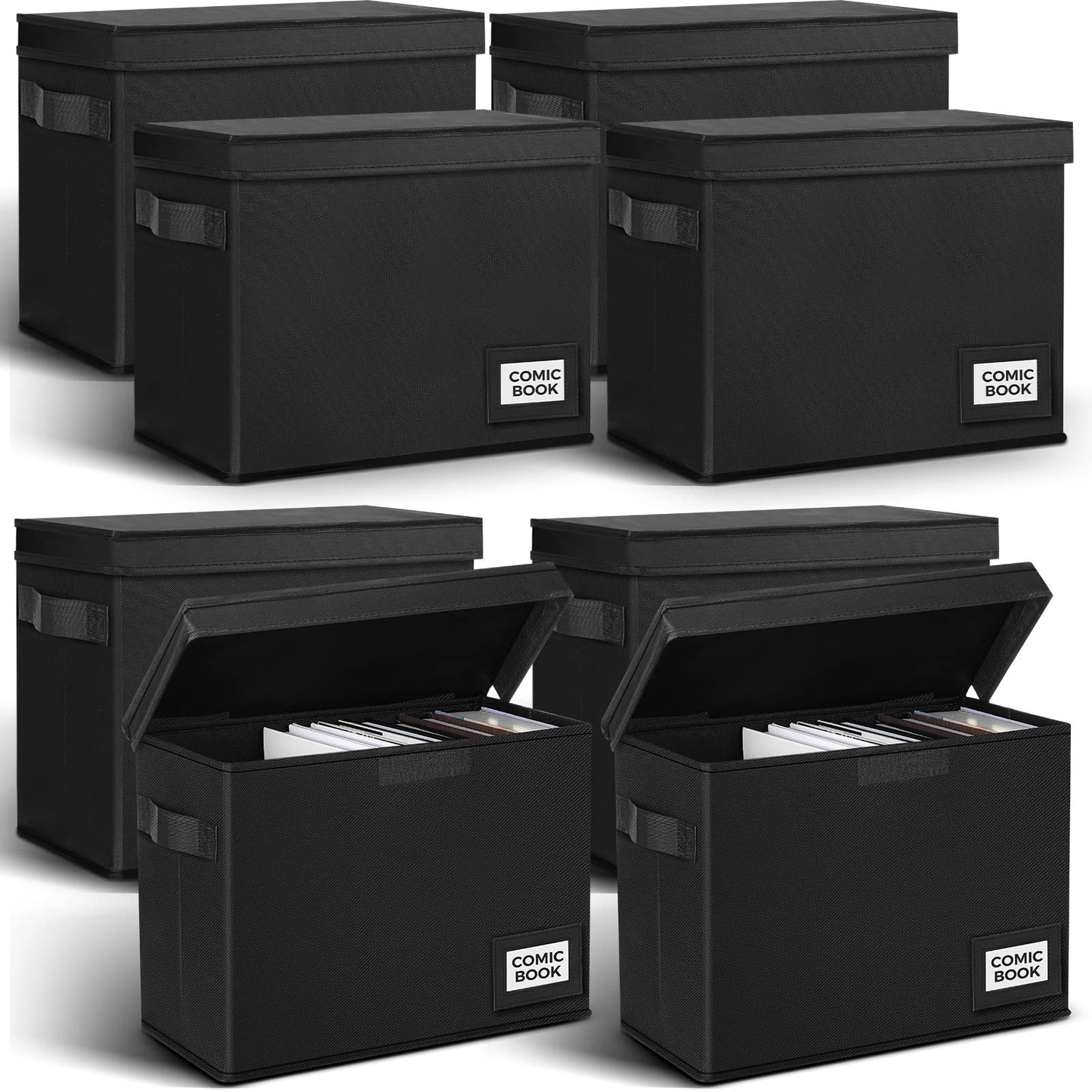 Lincia 8 Pack Comic Book Storage Boxes, 15.4" x 7.5" x 11.4" Book Box Organizer Collapsible with Handles, Stackable Short Bin to Holds 150-180 Comics for Home School Classroom, Black