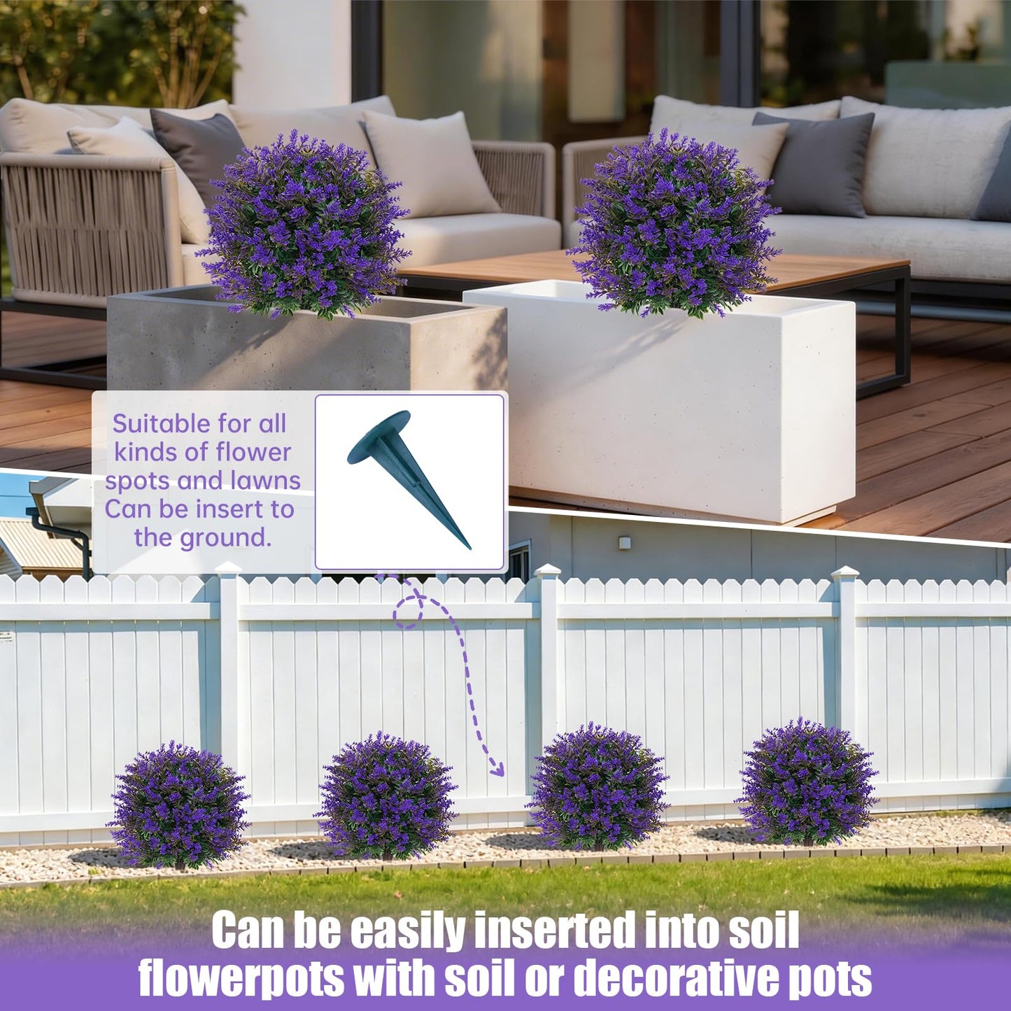 Yangrass Artificial Lavender Boxwood Topiary Ball Trees, 2 Pack Artificial Outdoor Shrubs with Spike, UV Resistant Fake Bushes Plants for Outside Indoors Garden Front Porch
