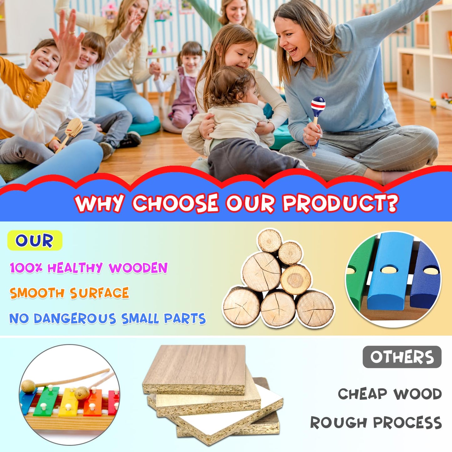 LOOIKOOS - Baby Musical Instruments Montessori Wooden Toys for Toddlers 1-3, Percussion Instrument Set for Preschool Kids, Educational Musical Toys for Toddlers