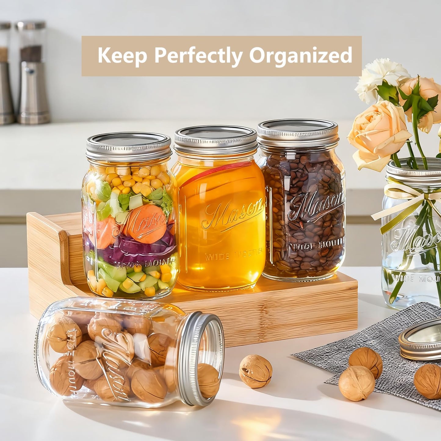 Dralaw Mason Jars 32 oz,12 Pack Large Wide Mouth Mason Jar with Airtight Lids and Bands|Quart Glass Canning Jars for Pickling, Fermenting and Food Storage Microwave&Dishwasher Safe (12pack)