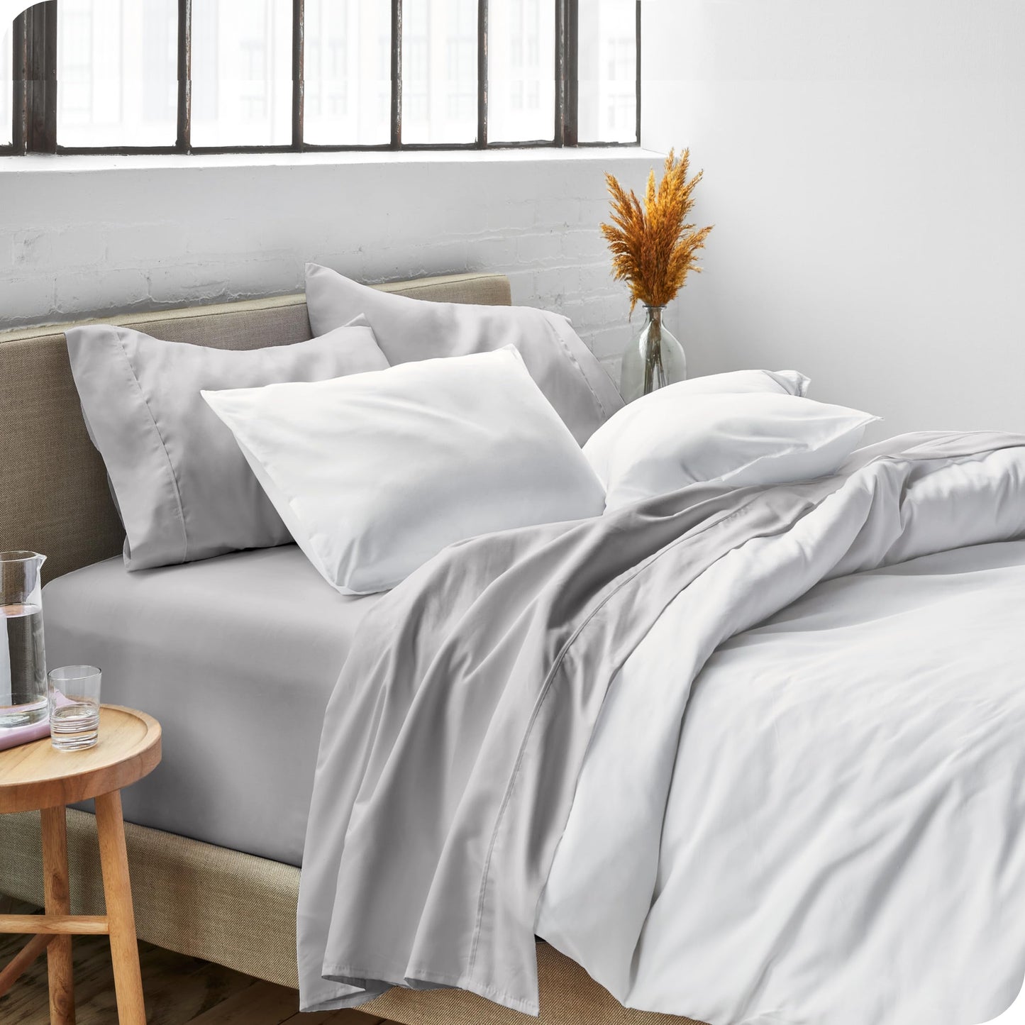 Bare Home Split Head Flex King Sheet Set - 1800 Ultra-Soft Microfiber Bed Sheets - Double Brushed - Deep Pockets - Easy Fit - 4 Piece Set - FlexTop King Bedding (Split Head Flex King, Light Grey)