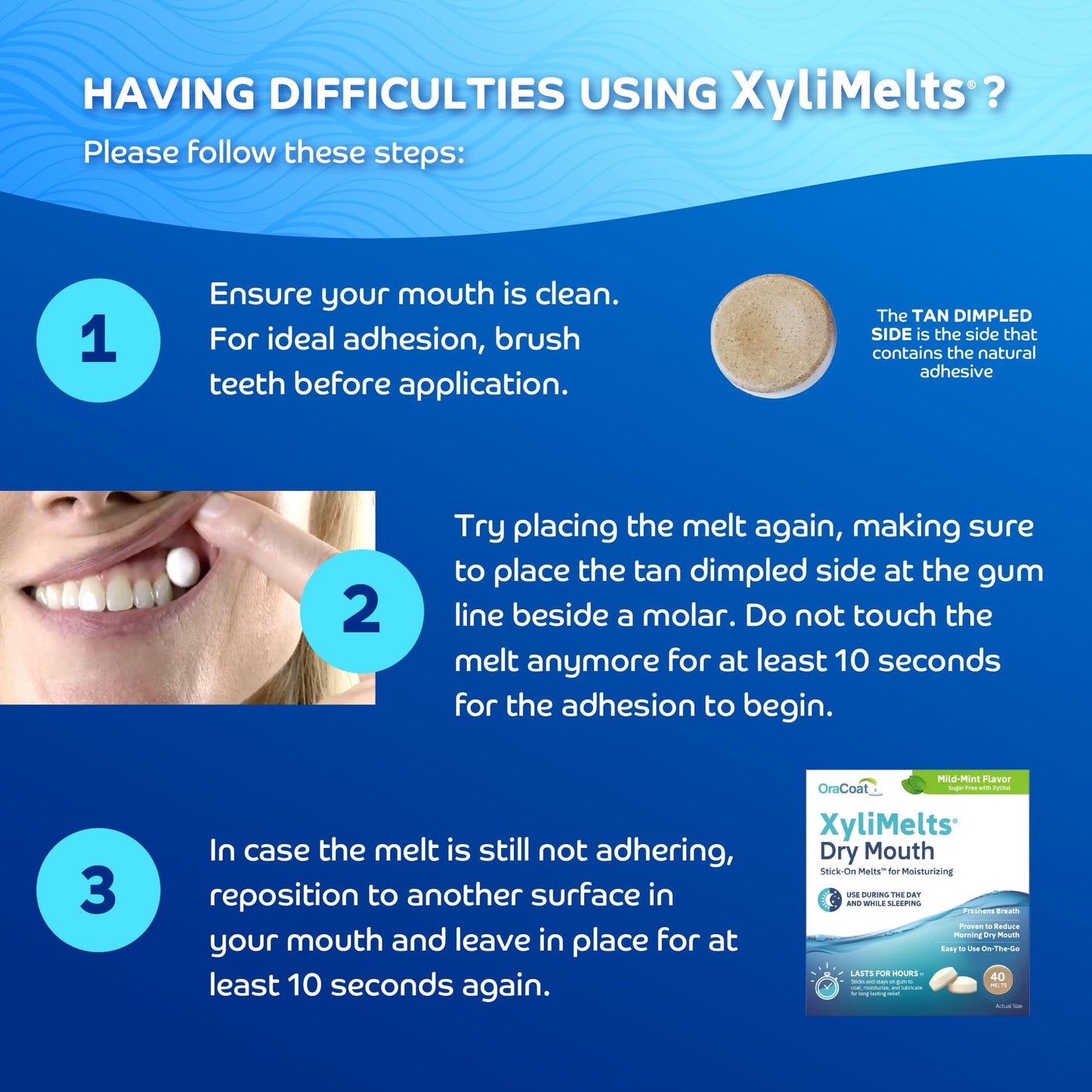 OraCoat XyliMelts Dry Mouth Relief Moisturizing Oral Adhering Discs Mild Mint with Xylitol, for Dry Mouth, Stimulates Saliva, Non-Acidic, Day and Night Use, Time Release for up to 8 Hours, 4 Pack
