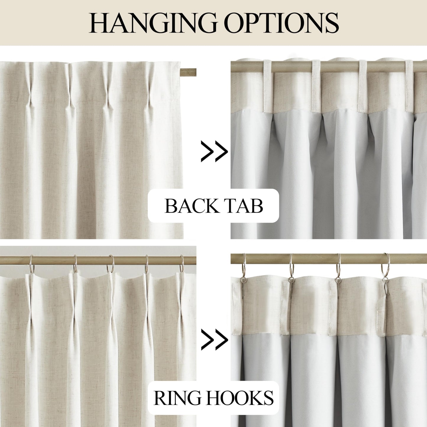 Vision Home Natural Pinch Pleated Full Blackout Curtains Linen Blended Room Darkening Window Curtains 90 inch for Living Room Bedroom Thermal Insulated Pinch Pleat Drapes with Hooks 1 Panel 60"Wx90"L