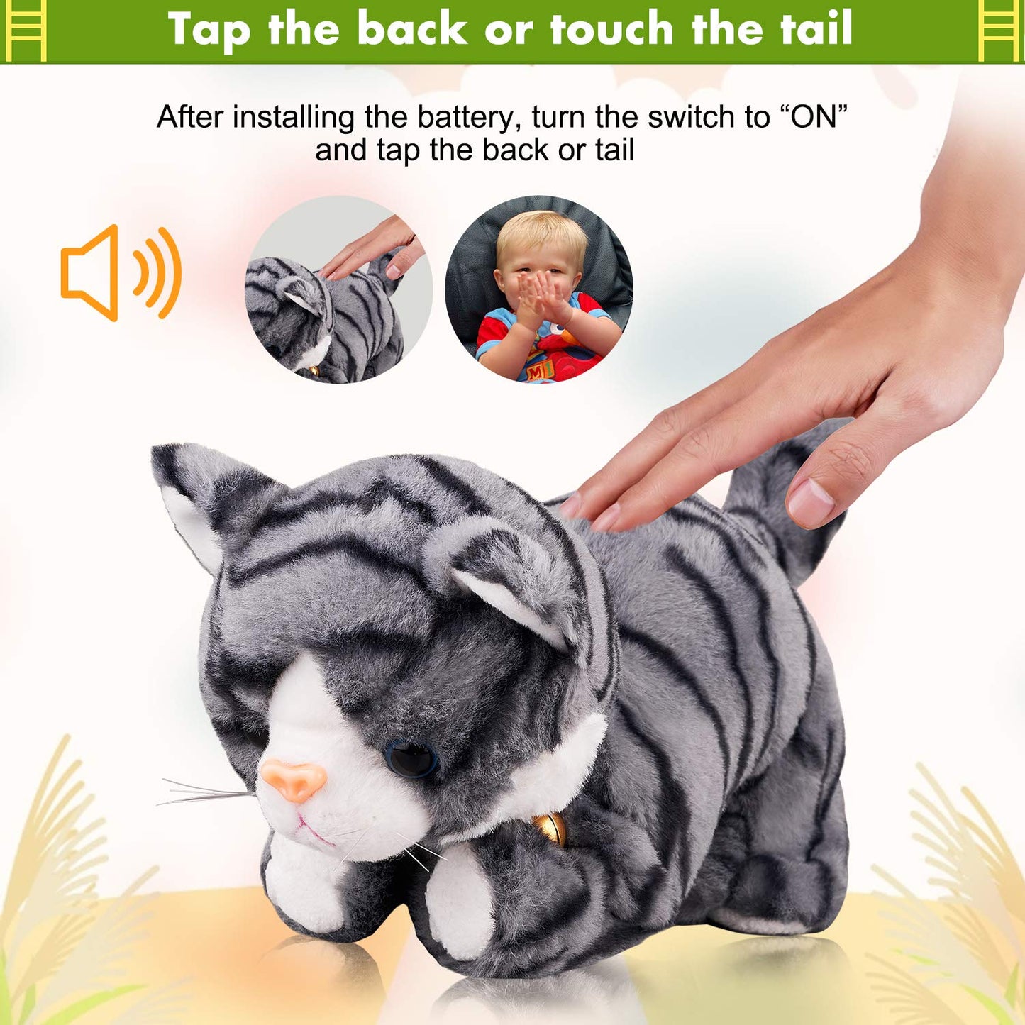 Marsjoy Pattern Gray Robot Cat Plush Cat Stuffed Animal Interactive Cats, Meow Kitten Touch Control, Electronic Cat Pet, Animated Toy Cats for Girls Baby Kids
