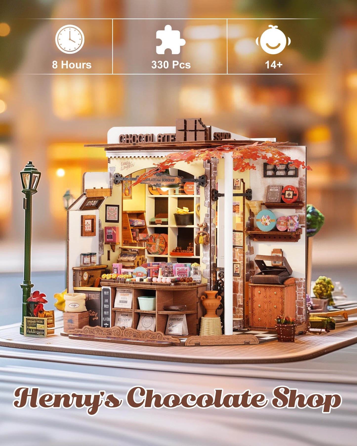 Rolife DIY Miniature House Kit Henry's Chocolate Shop 1:18 Scale Dollhouse Diorama, Tiny House Building Kit Crafts for Adults Home Decor Gift for Boys Girls