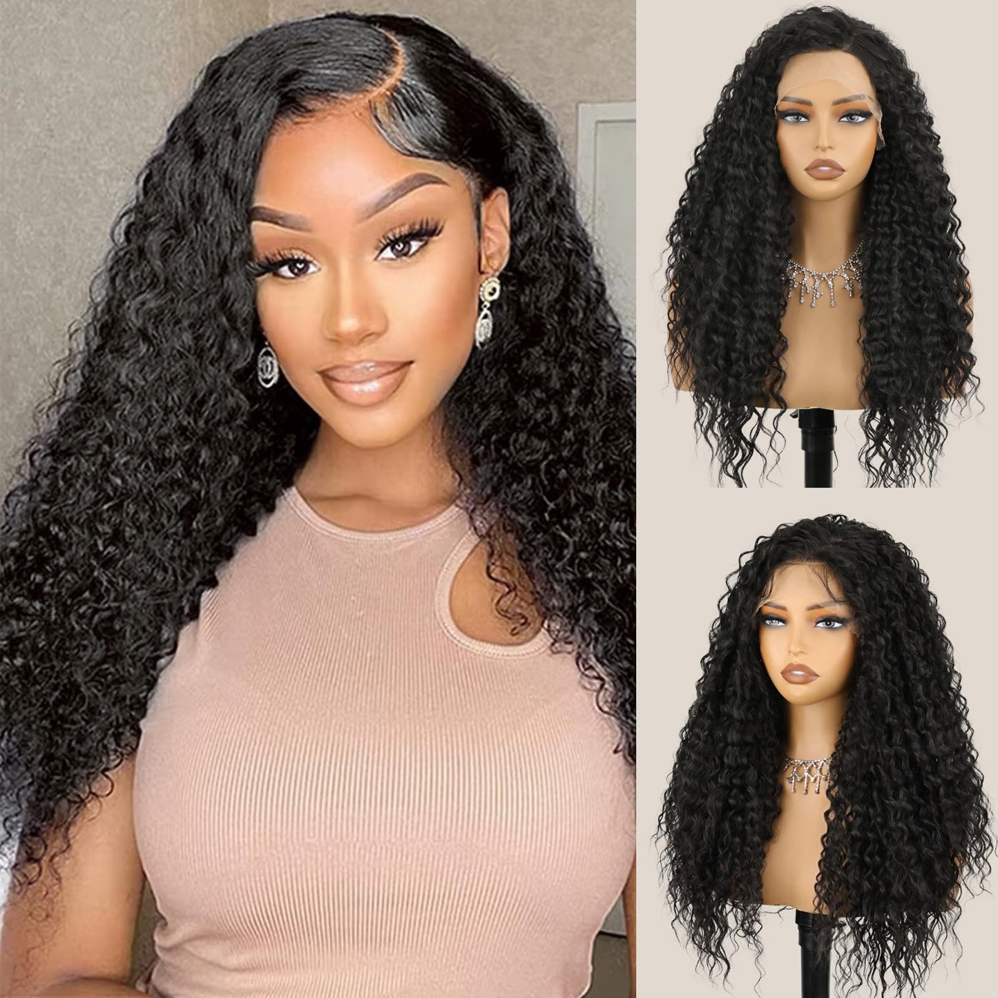 13x4 Black Synthetic Lace Front Wigs for Women 24 inch Long Curly Wavy Wig with Baby Hair Pre Plucked Heat Resistant Wig for Daily Use