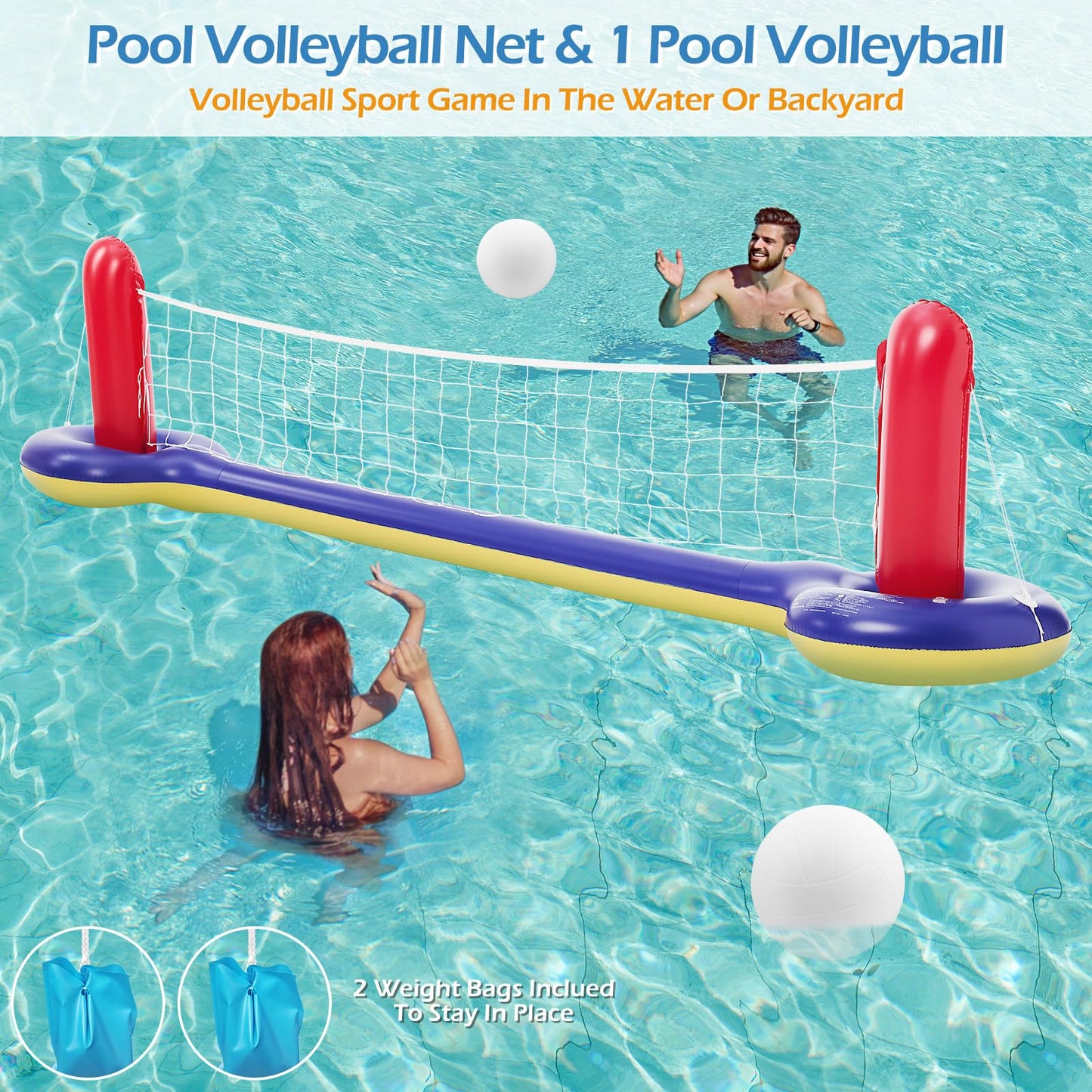 Jasonwell Pool Toys Games Set - 3 in 1 Pool Volleyball Net Basketball Hoop Ring Toss Game Inflatable Floats Water Floating Volleyball Swimming Pools Games Party Gift for Kids Adults (Red&Blue, L)