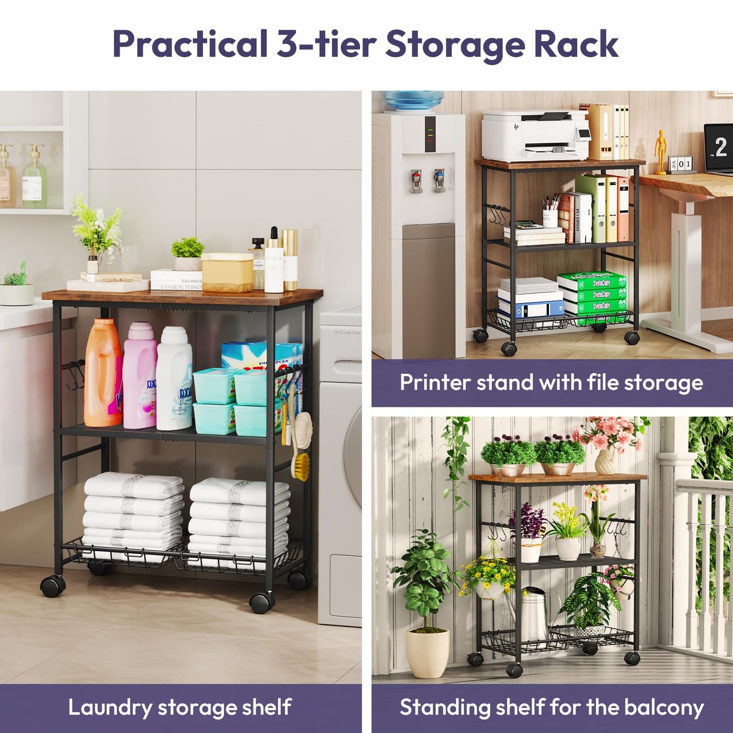SWTYMIKI Rolling Kitchen Microwave Cart - 3 Tier Microwave Table Stand with Storage Basket and Hooks, Kitchen Utility Cart on Wheels, Coffee Cart Shelf Rack Organizer for Living Room Office, Balcony