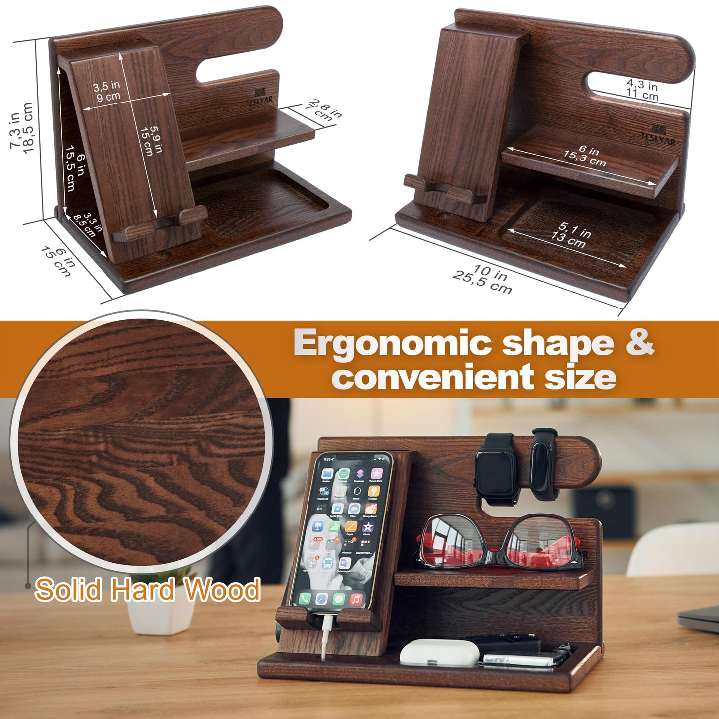 TESLYAR Wood Phone Docking Station - Nightstand Organizer - Desk Organizer for Husband - Birthday Gifts for Men, Dad - Idea for Anniversary from Wife - Key Holder - Stand Wallet & Watch (Deep Brown)