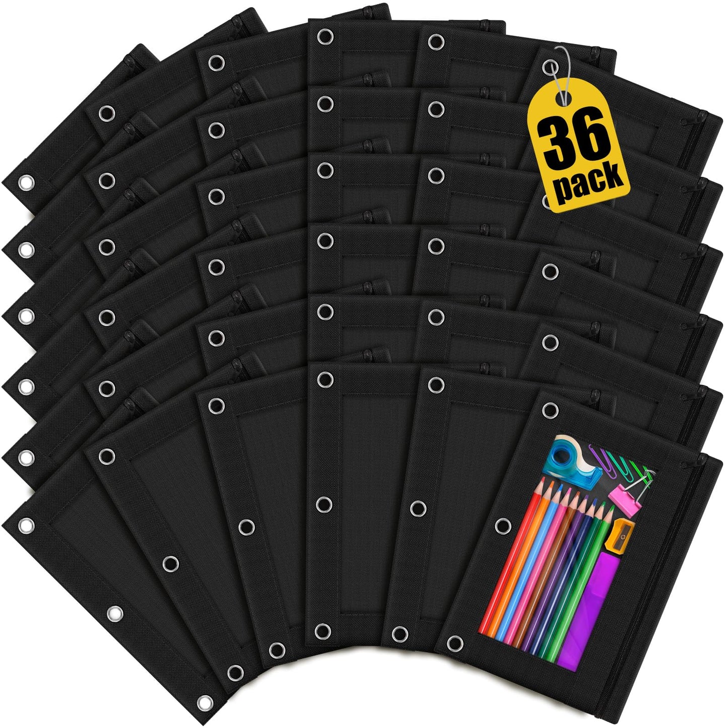 Officygnet Pencil Pouch for 3 Ring Binder, 36 Pack Bulk Black 3-Hole Zipper Pencil Pouches with Clear Window, Sturdy and Durable Cloth Pencil Case for School Office College Supplies