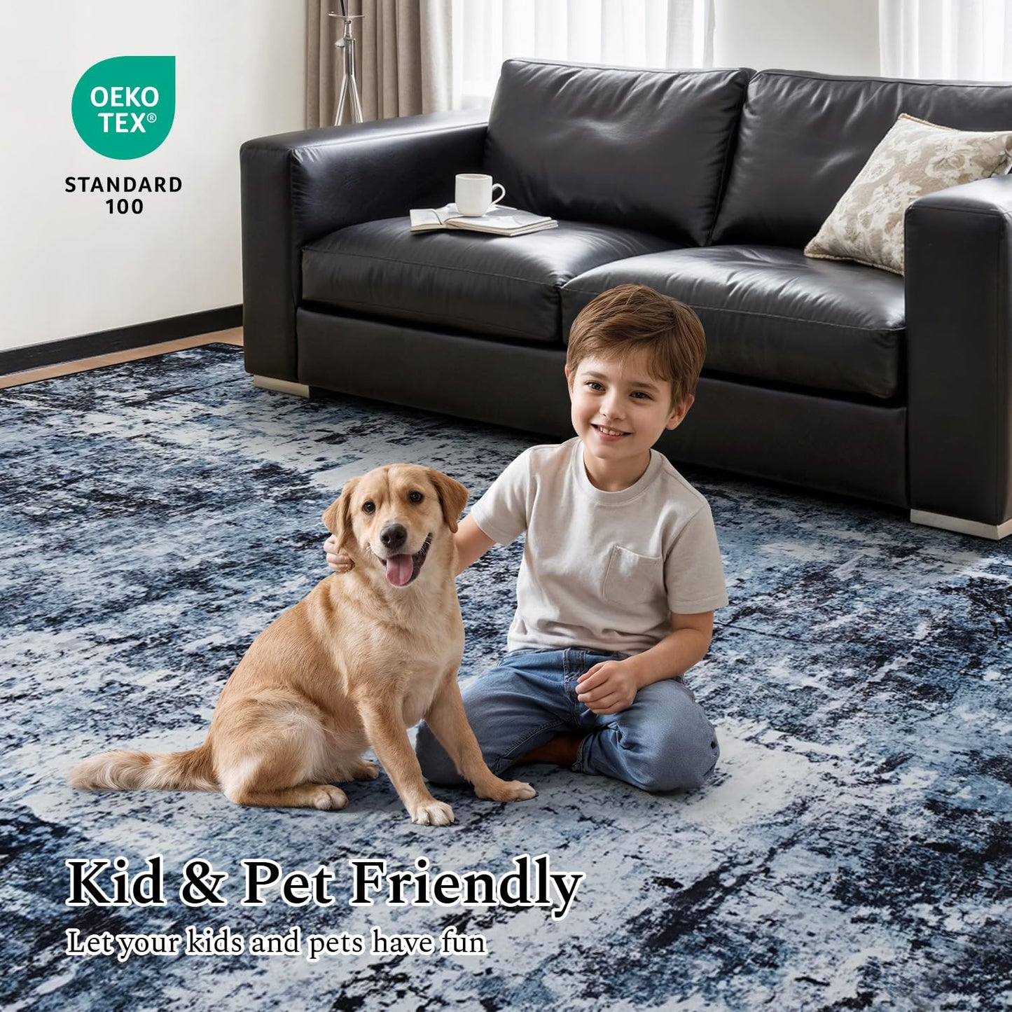 Rugflix 5x7 Area Rugs for Living Room, Washable Large Rug Stain-Resistant Low Pile, Modern Dark Carpet for Dining Room Home Office Kid Room Nursery Bedroom, Navy Blue/Black