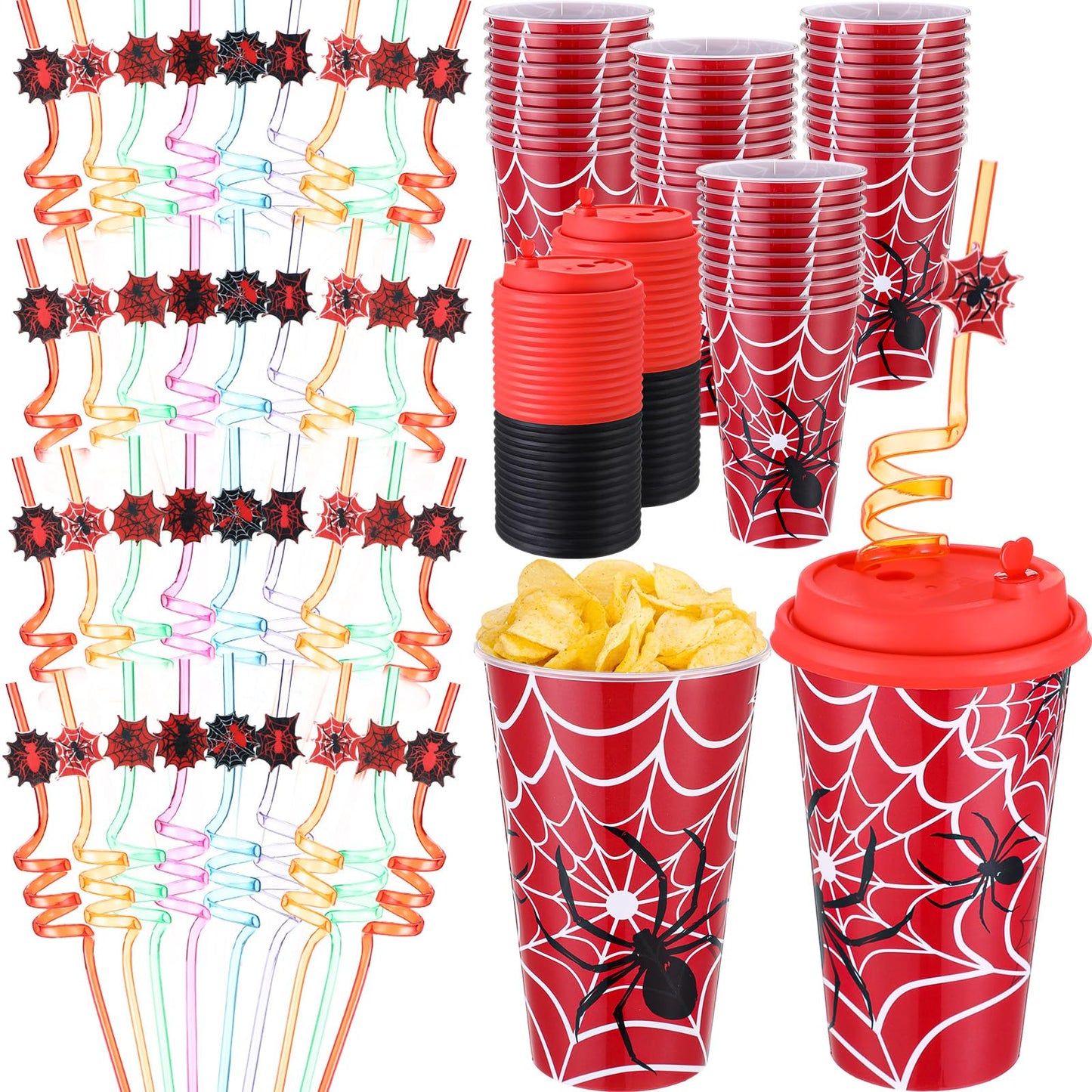 Maxcheck 36 Sets Spider Party Favors Goodie Cups with Lids and Straws for Birthday Decorations 36Pcs 16oz Plastic Cups Reusable Plastic Straws for Birthday Party (Spider)