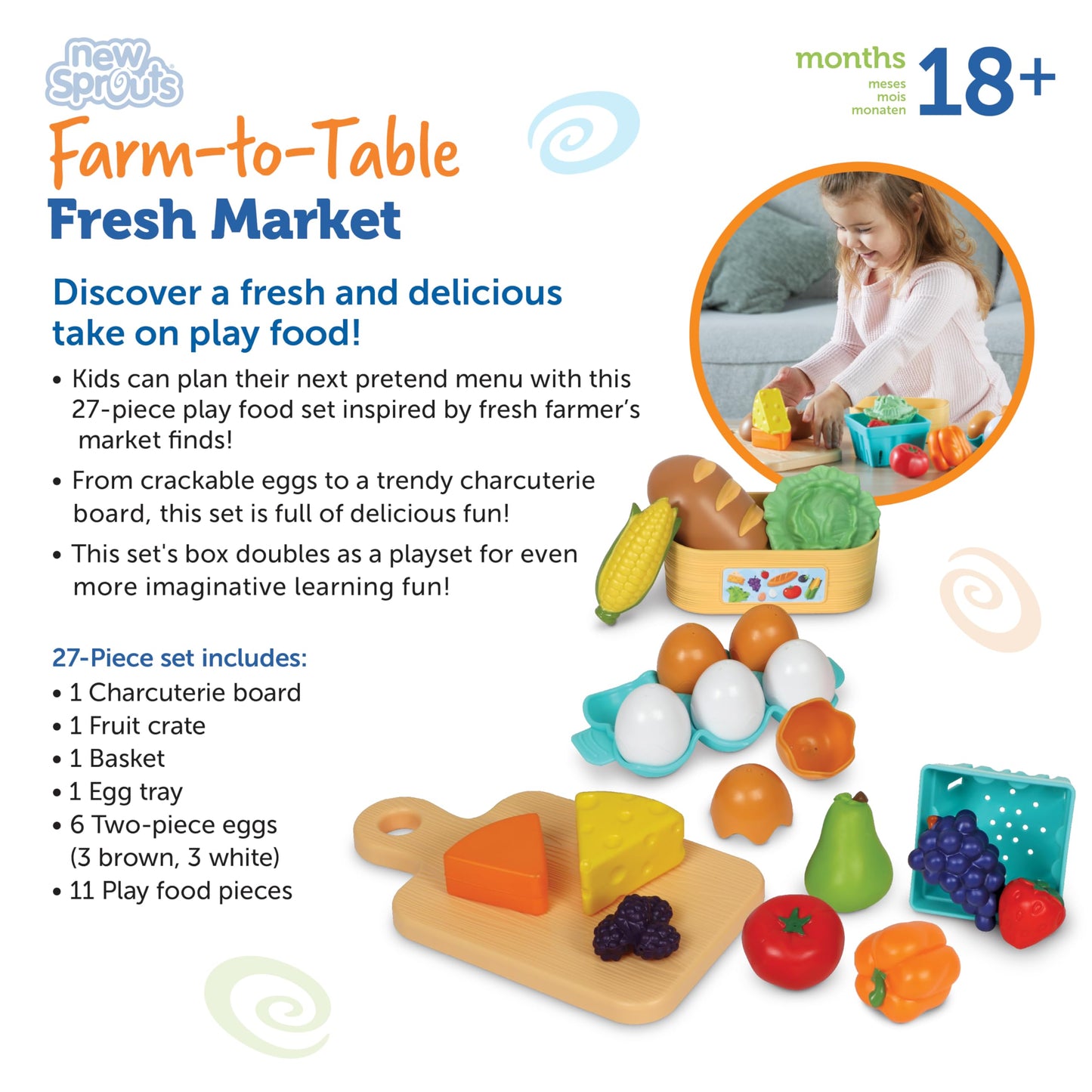 Learning Resources New Sprouts Farm-to-Table Fresh Market, 27 Pieces, Ages 18 Months+, Play Food for Kids Kicthens, Grocery Store Pretend Play, Play Kitchen Accessories