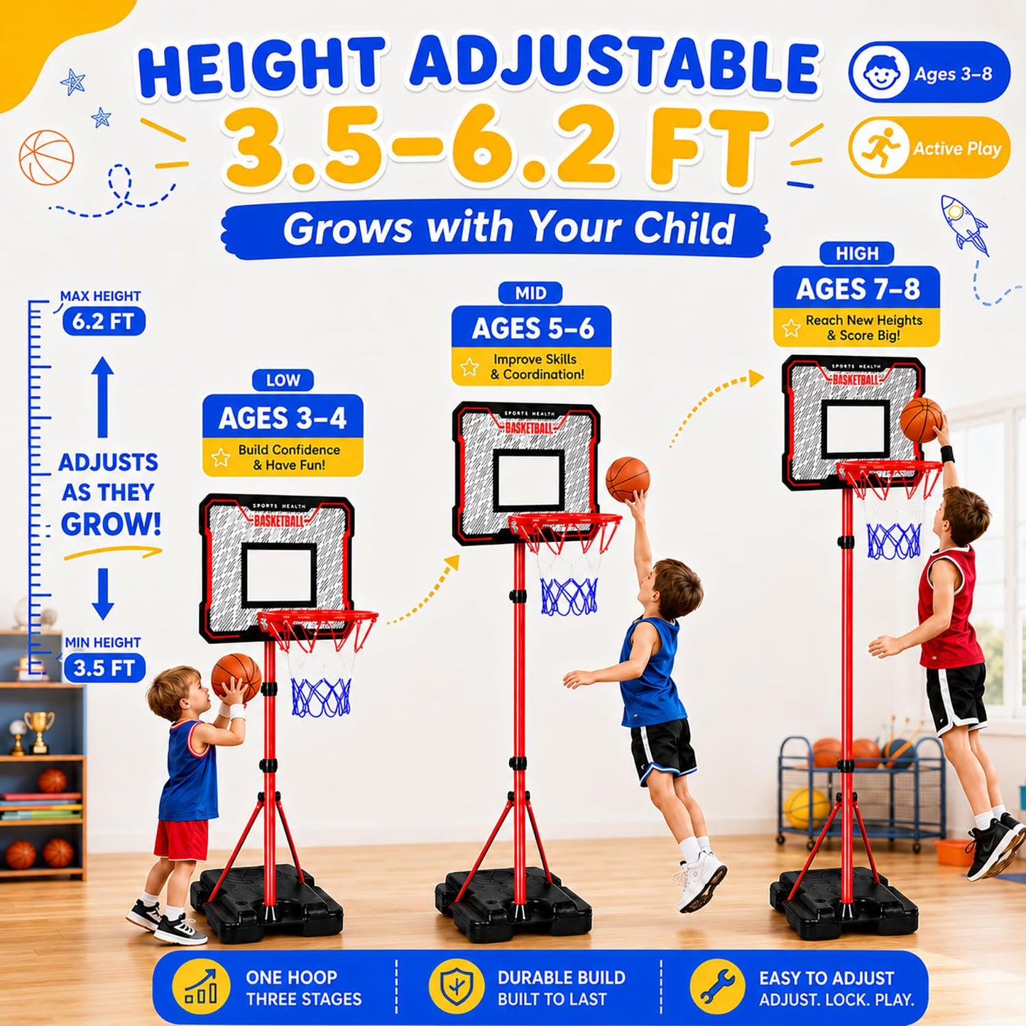 MinoSkia 3-in-1 Kids Basketball Hoop with Dart Game, Height Adjustable 3.5-6.2FT Indoor Outdoor Portable Kids Basketball Hoop for Boys & Girls Ages 3-8, Includes Pump & Balls, Space Theme Dart Board