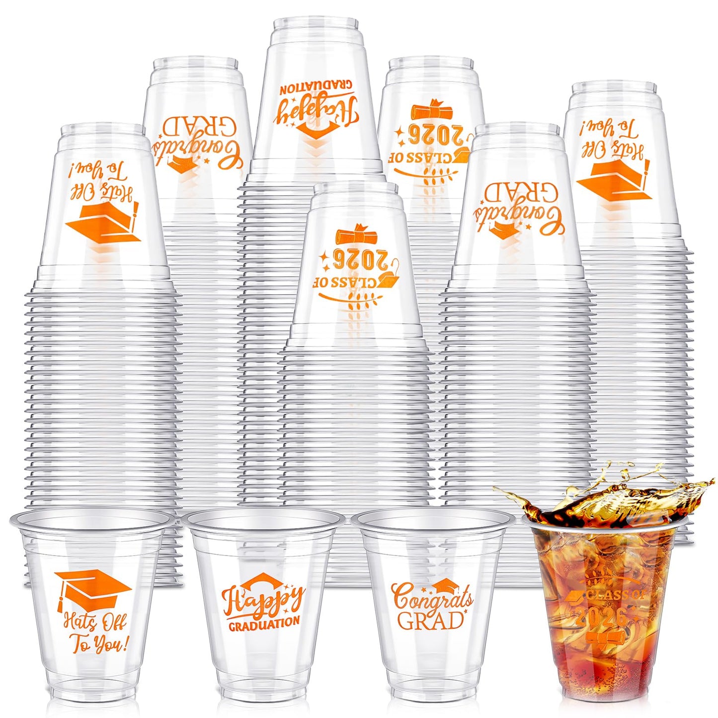 Eaasty 100 Pcs 12oz Graduation Cups 2026 Disposable Plastic Cups for Class of 2026 Graduation Party Congrats Grad Elegant Party Supplies Tableware Decorations (Orange)
