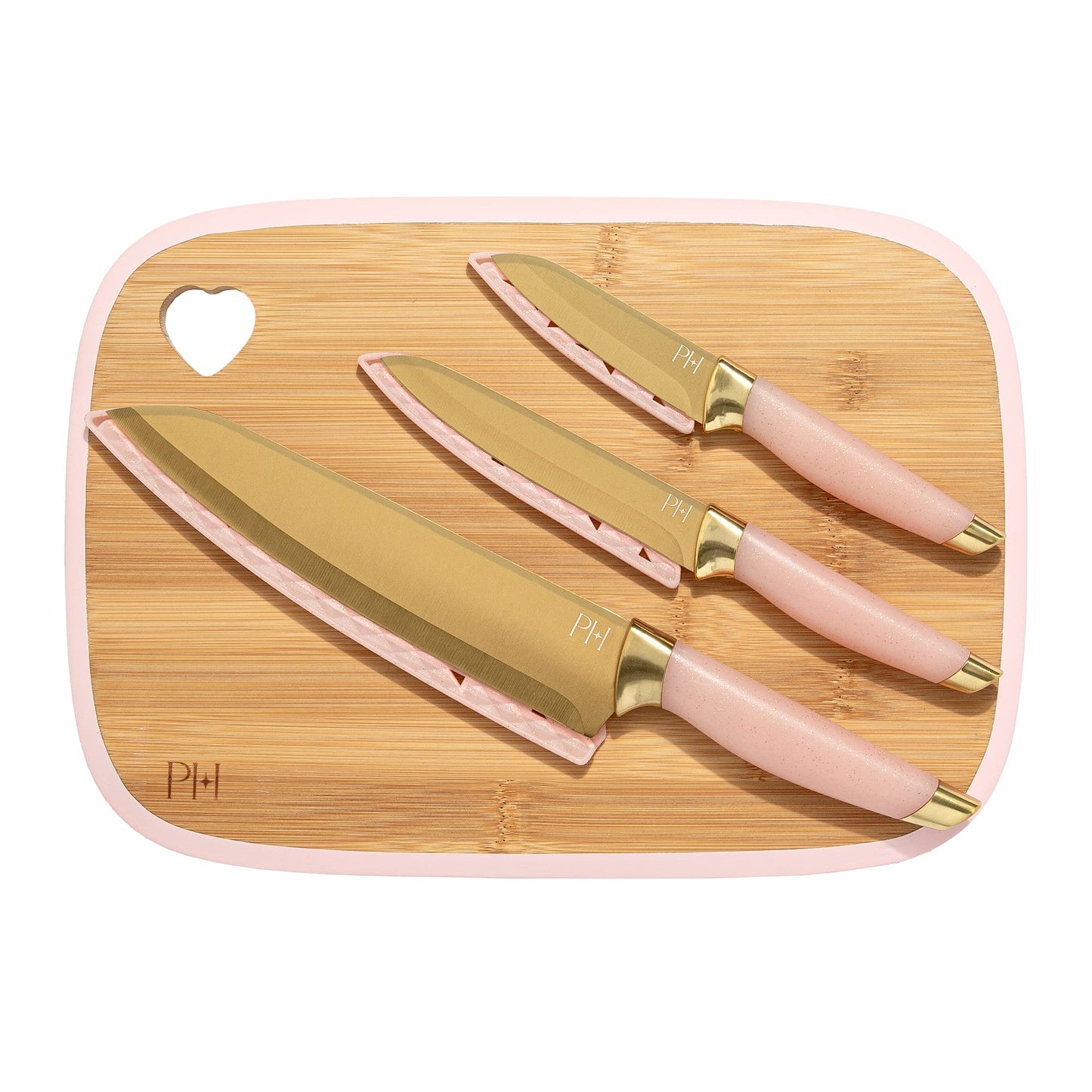 Paris Hilton Bamboo Cutting Board for Kitchen, Reversible Cutting Board and Cutlery Set with High Carbon Stainless Steel Knives and Blade Guards, Comfortable Handle Grips, 7-Piece Set, Gold and Pink