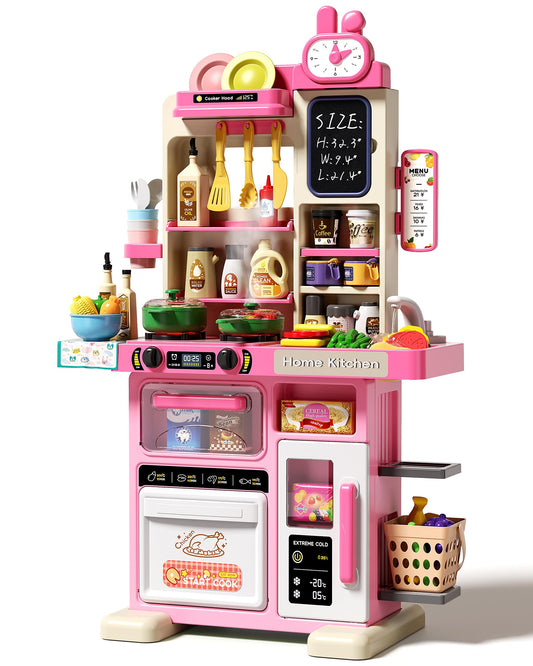 33.8IN Kids Kitchen Playset, 70PCS Kid Play Kitchen with Realistic Lights & Sounds, Spray Sink Toy Kitchen Accessories, Pretend Food Toys Kitchen for Boys Girls Toddlers Age 1-3(Pink)