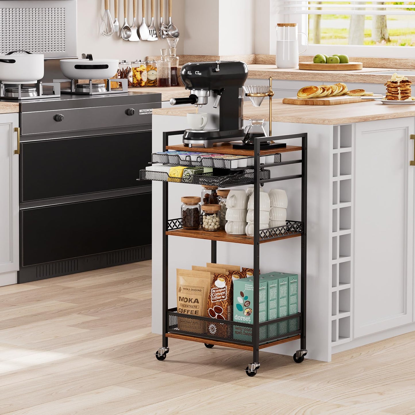 Plaviya K Cup Holder Rack, Coffee Station Organizer for Nespresso Vertuo and K Cup Capsules, Multi-Functional Bar Accessories Organizer With Wheels for Living Room, Kitchen