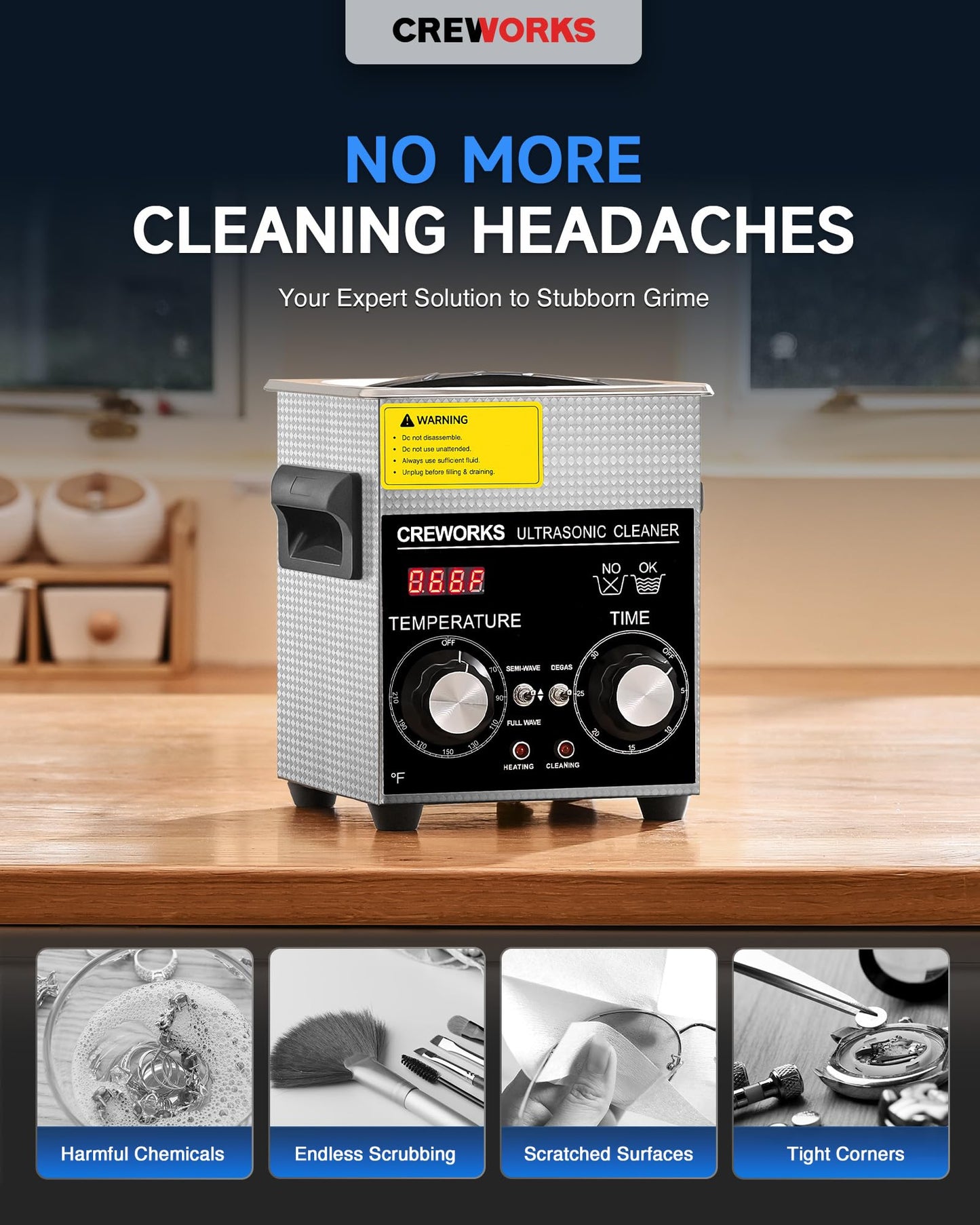 CREWORKS 2L Ultrasonic Cleaner with Degas & Gentle Modes, 60W Stainless Steel Ultrasonic Cleaner Machine with Heater and Timer, Ultrasonic Parts Cleaner with Knob Control for Jewelry Glasses Watch