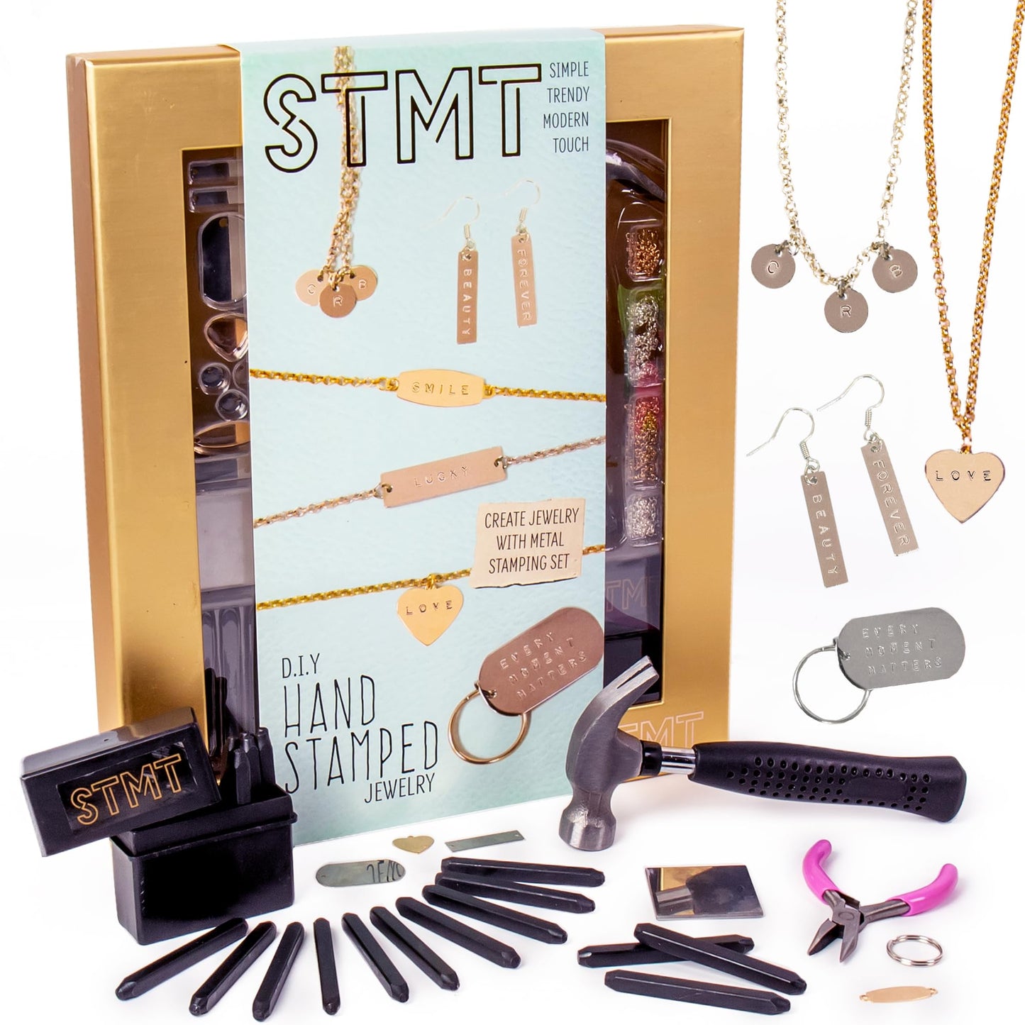 STMT DIY Hand Stamped Jewelry by Horizon Group USA, Create Personalized Vsco Girl Earrings, Bracelets & Necklaces with A Metal Letter Stamp Set, Hammer, Stamping Block, Charms & Earrings Included