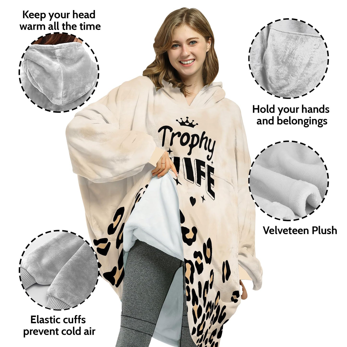 Warmstorey Wearable Blanket Hoodie Leopard Trophy Wife Hoodie Blankets - Cozy Wearable Hoodies Blanket From Husband - Anniversary Birthday Gifts For Wife - Wife Mothers Day Gifts From Husband