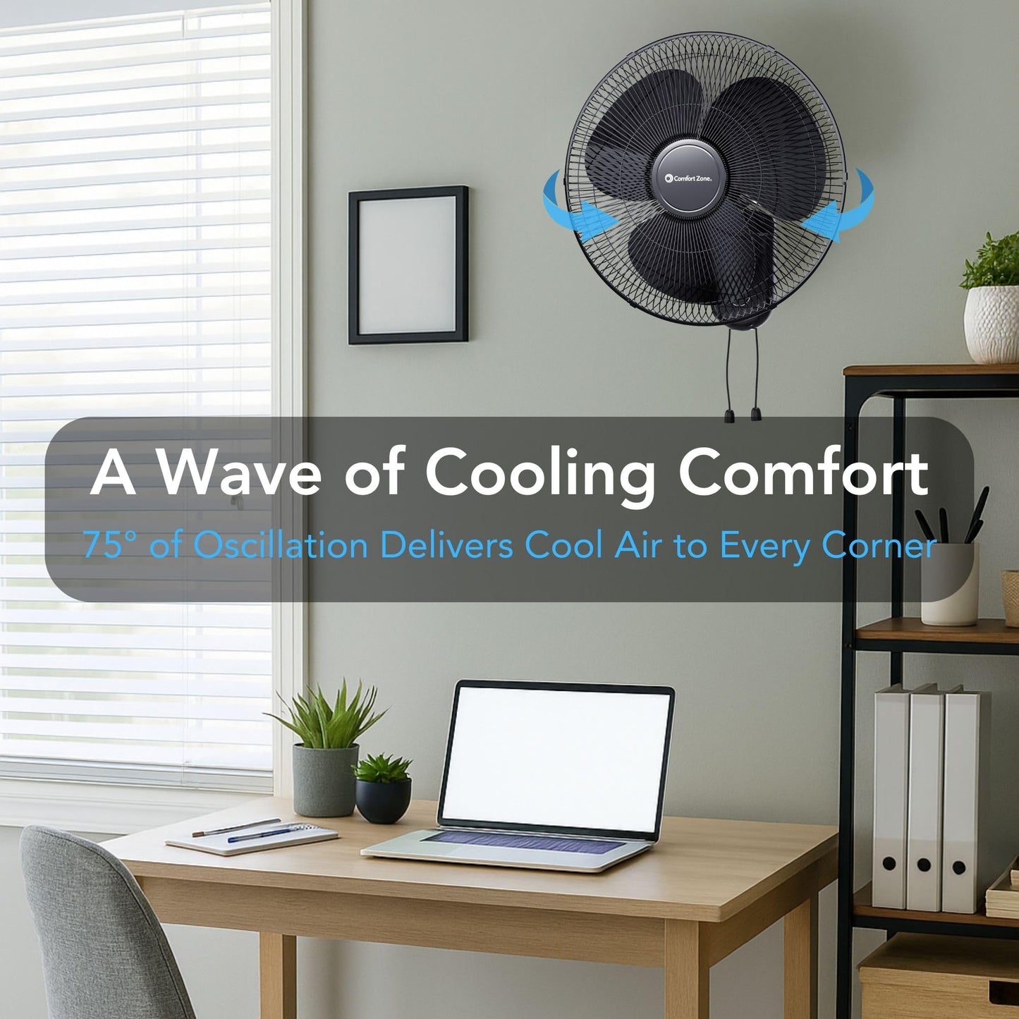 Comfort Zone 16-Inch Oscillating Wall Mount Fan – Quiet 3-Speed Indoor Fan with 60° Adjustable Tilt, Pull-Chain Control & Durable Metal Grille – Space-Saving Cooling for Home, Office, & Greenhouse