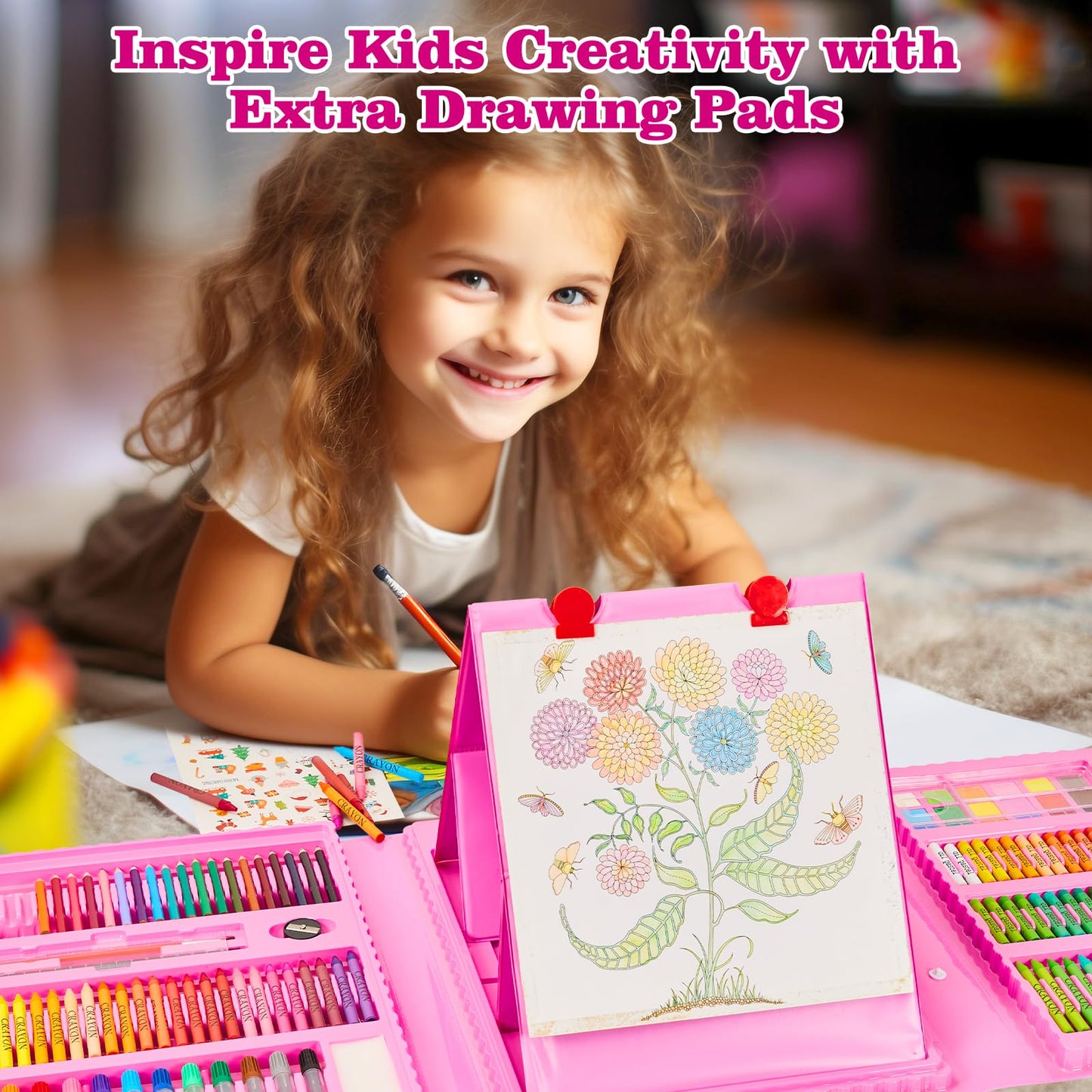 KINSPORY Art Kit, 290 Pack Art Set Crafts Drawing Kit for Kids, Double-Side Trifold Easel, Coloring Book, Sketch Pad, Pastels, Crayons, Pencils, Beginner Artists Gift (Pink)