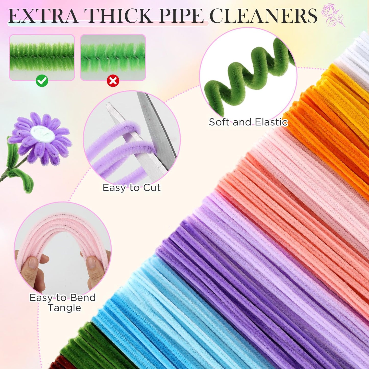 540Pcs Pipe Cleaner Flower Kit, Pipe Cleaners Craft with 15 Designs Guiding Book, Flower Making Kit with Chenille Stems & Floral Wires, Mothers Day Birthday Gift for Mom Women Her (Multicolor, 30cm x 7mm)