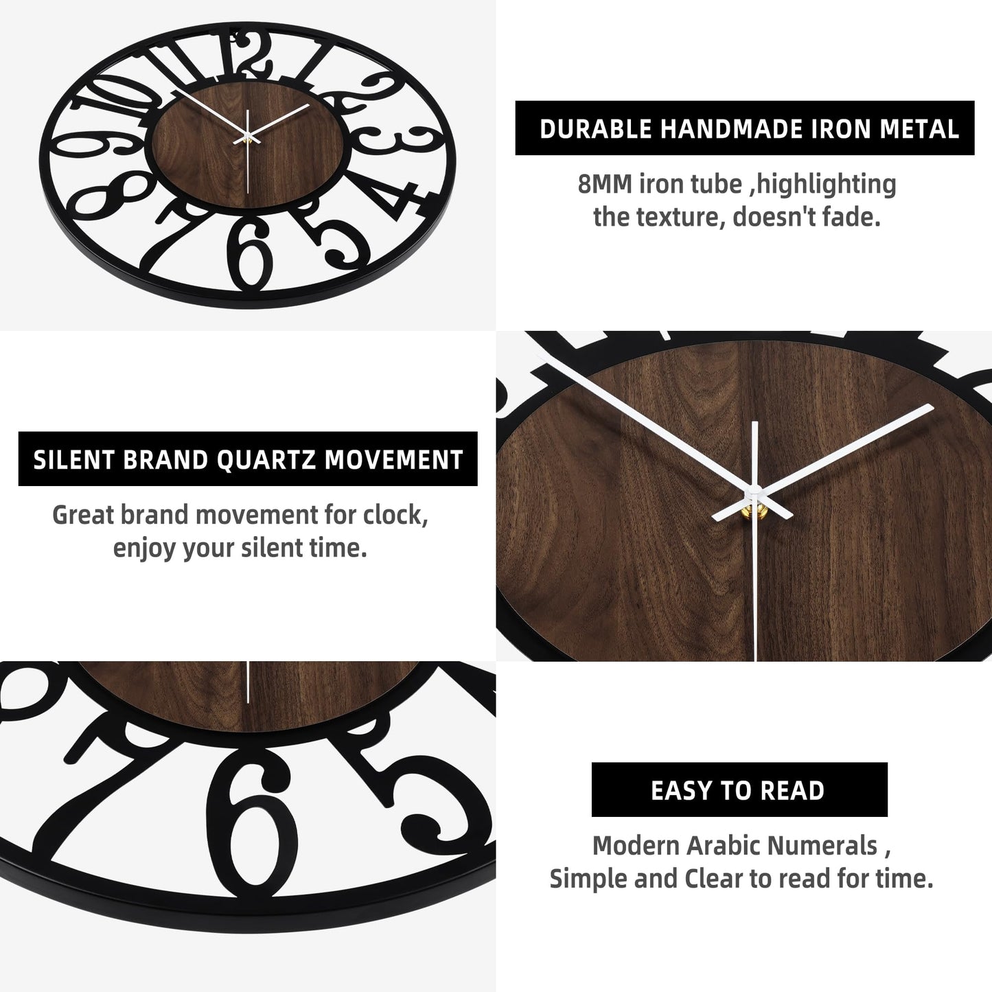 LEIKE Large LED Wall Clocks,Silent,Non Ticking,Battery Operated Rustic Round Modern Big Wood Wall Clock for Living Room, Bedroom,Kitchen,Farmhouse,Office,Home Decor -20" Black,LED,Arabic Number