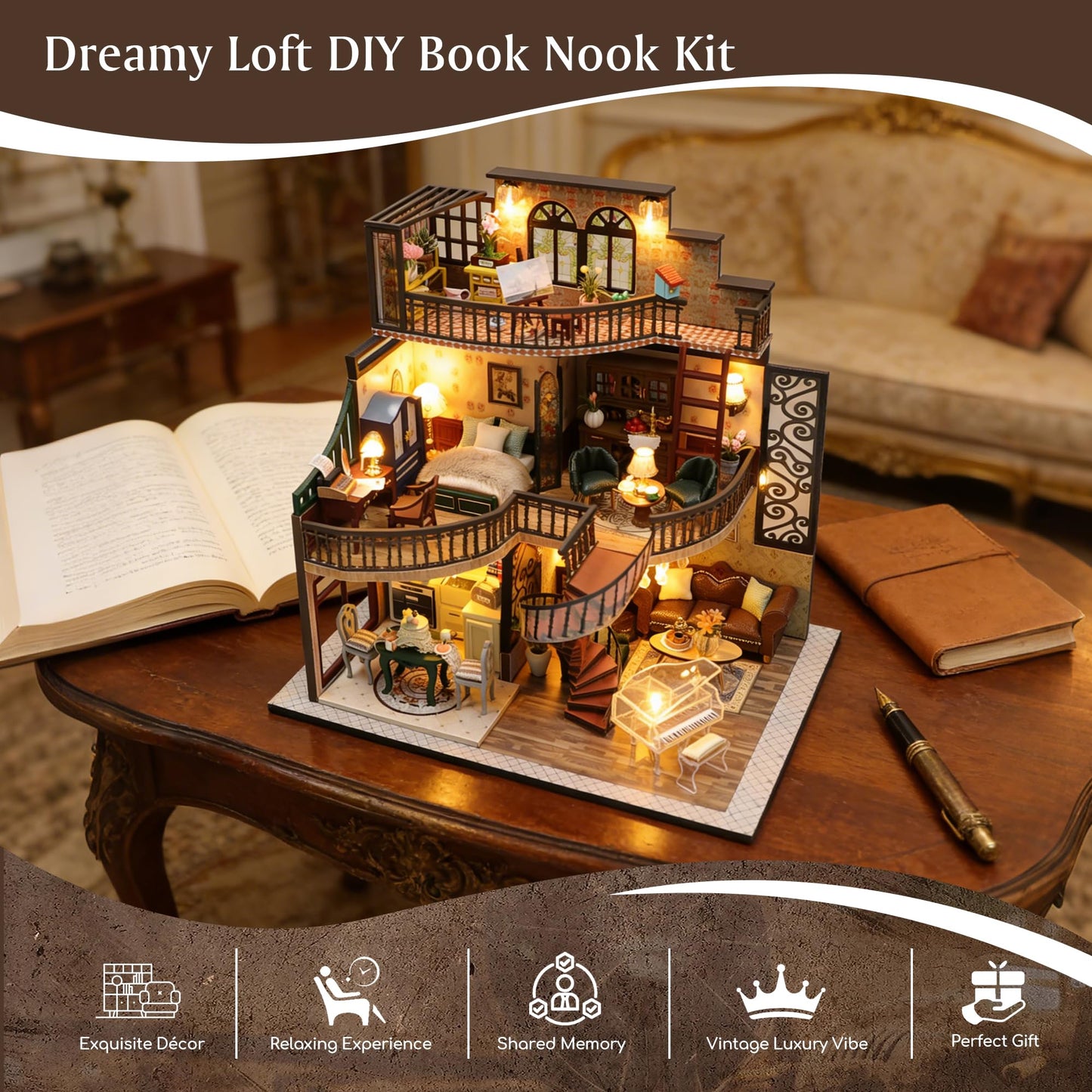Soothee DIY Miniature House Kit, DIY Book Nook with LED Light, 3D Puzzles for Adults and Teens, Dollhouse for Bookshelf Decor, Tiny House Building Kits for Craft Lovers (Dreamy loft)