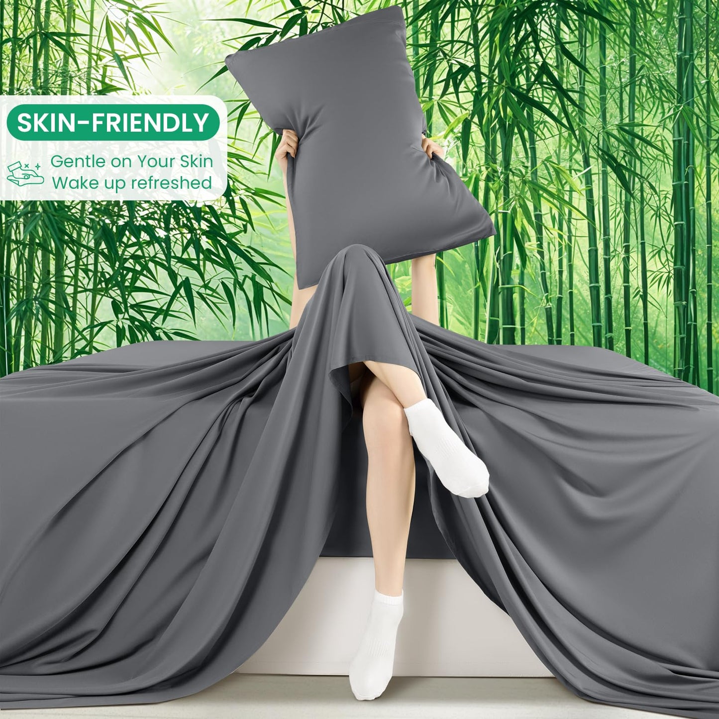 SONORO KATE 100% Viscose Derived from Bamboo_Sheets Cal King Size, Ultra Breathable & Cooling Bed Sheets for Hot Sleepers, Hotel Luxury Silky Bedding Sheets, 16" Deep Pocket - 4PC (Dark Grey,Cal King)