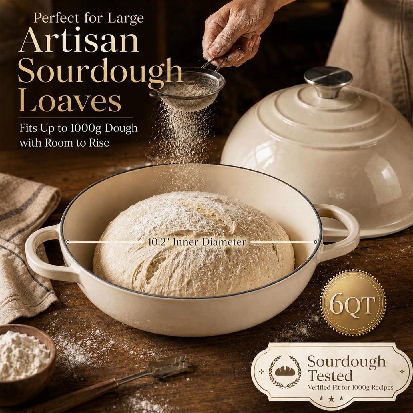 AHJ 6QT Dutch Oven For Bread Baking, Enameled Cast Iron Dutch Oven Pot with Lid, Multi-Functional Bread pan, Sourdough Baking Supplies with Proofing Basket, Cast Iron Bread Oven, Silicone Sling & Gloves.