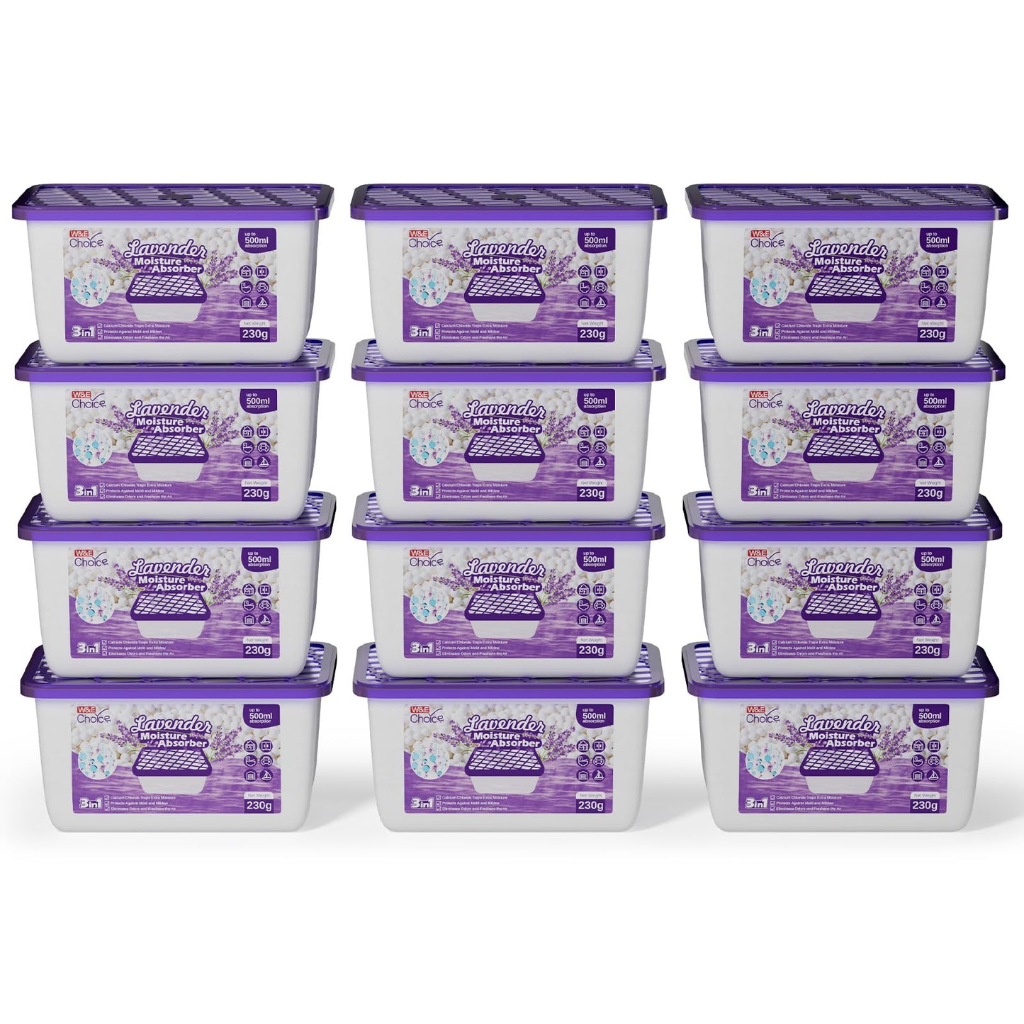 W&E Choice Moisture Absorbers with Lavender Scent, Portable Dehumidifier for Closet & Bathrooms, Kitchen, Humidity Absorber Odor Eliminator Absorber, 12Pack