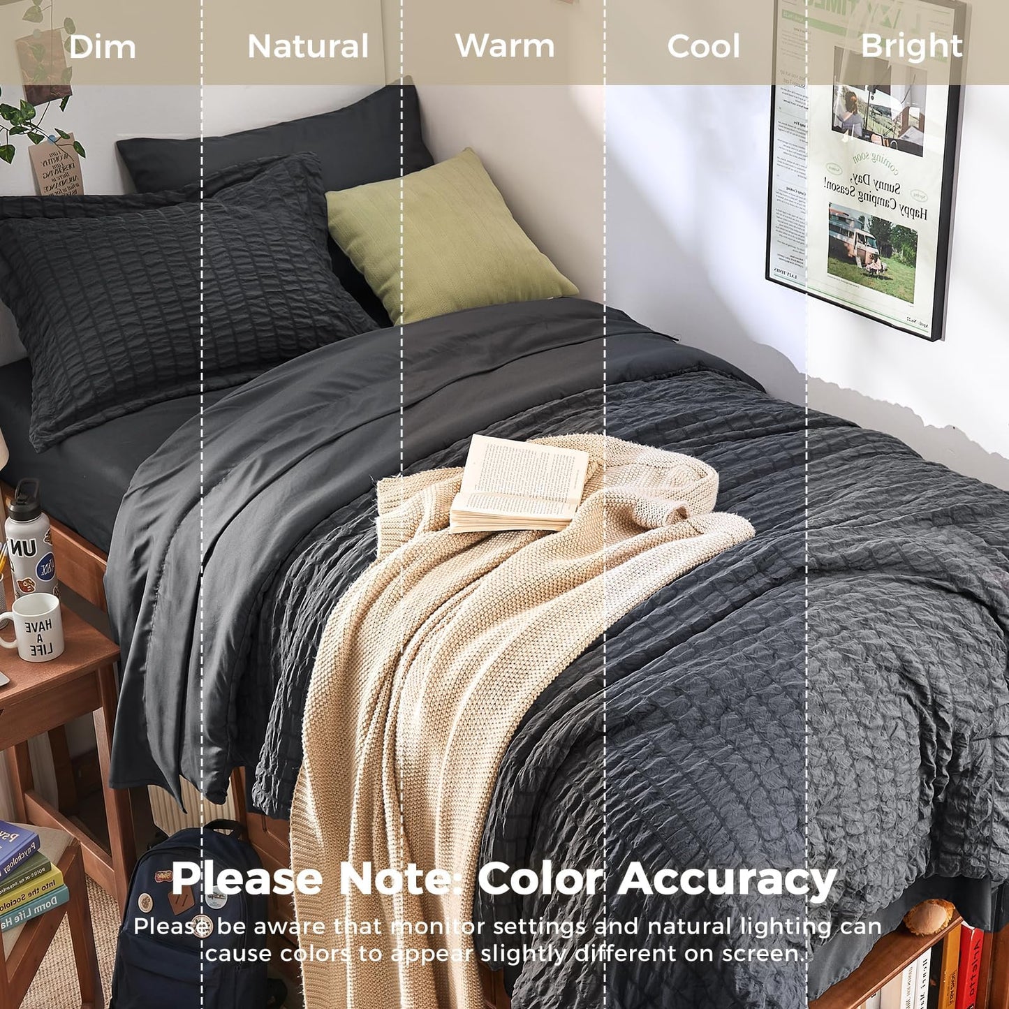 HYMOKEGE Twin XL Comforter Set Seersucker 5 Pieces, All Season Luxury Bed in a Bag for Bedroom, Bedding Set with Comforter, Sheet, Pillowcase & Sham, Dark Grey