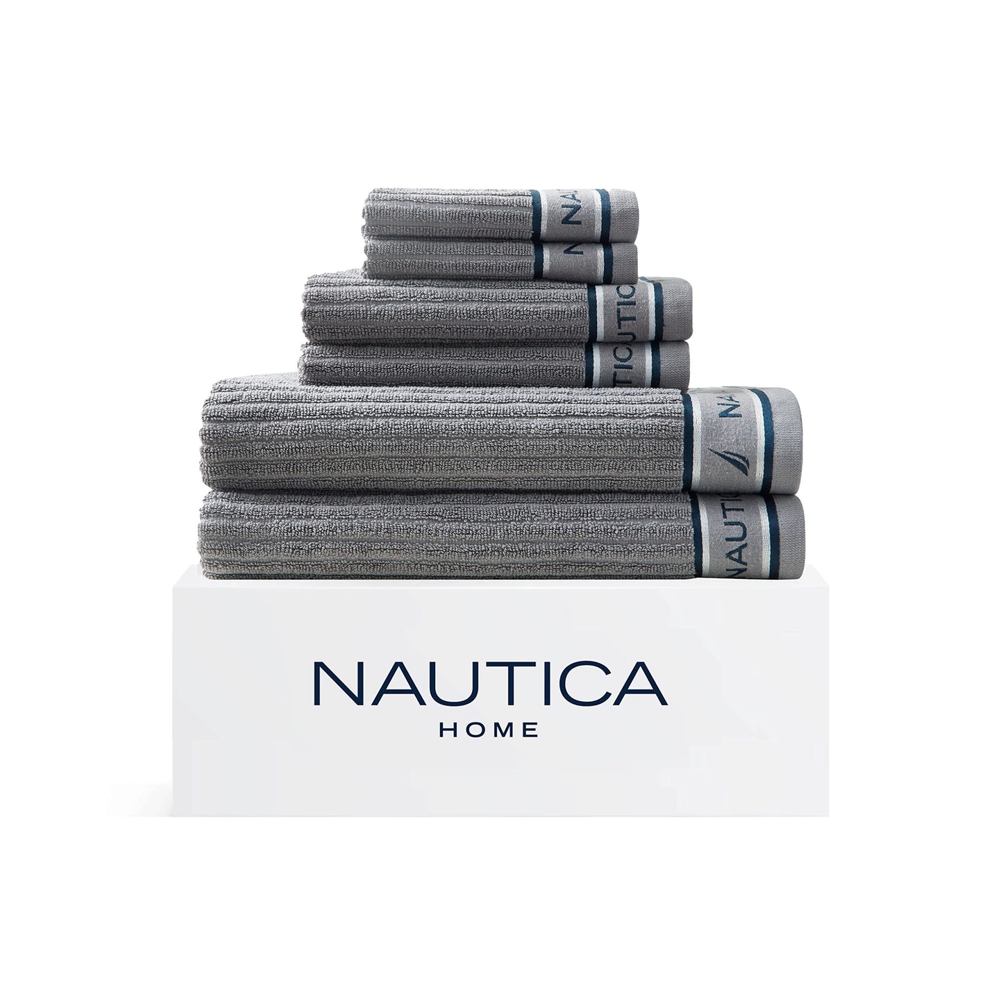 Nautica – Bathroom Towels, Washcloth, Bath & Hand Towel Set, Highly Absorbent Ribbed Terry Cotton, Set of 6, College Dorm Room Essentials (Signature Grey)
