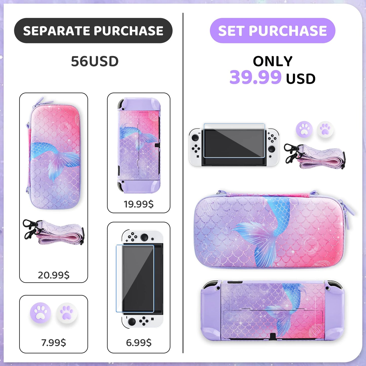 RHOTALL Purple Carrying Case for Nintendo Switch OLED, Cute Storage Case for Switch OLED Accessories with Hard Protective Case, Screen Protector, Adjustable Shoulder Strap and 2 Thumb Caps for fish