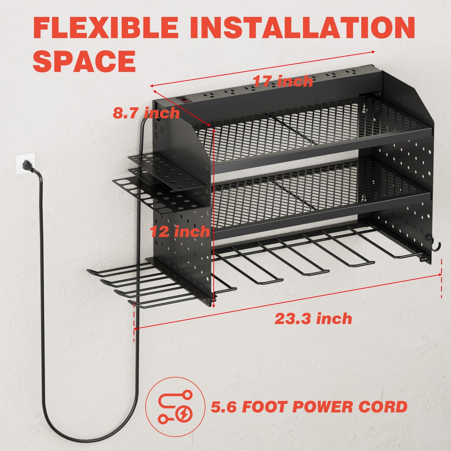 VDEVY Power Tool Organizer Wall Mount with Charging Station, 8 Outlet Heavy Duty Metal Garage Tool Storage Rack, 23 Inch 3 Tier Shelves for Workshop & Garage Organization