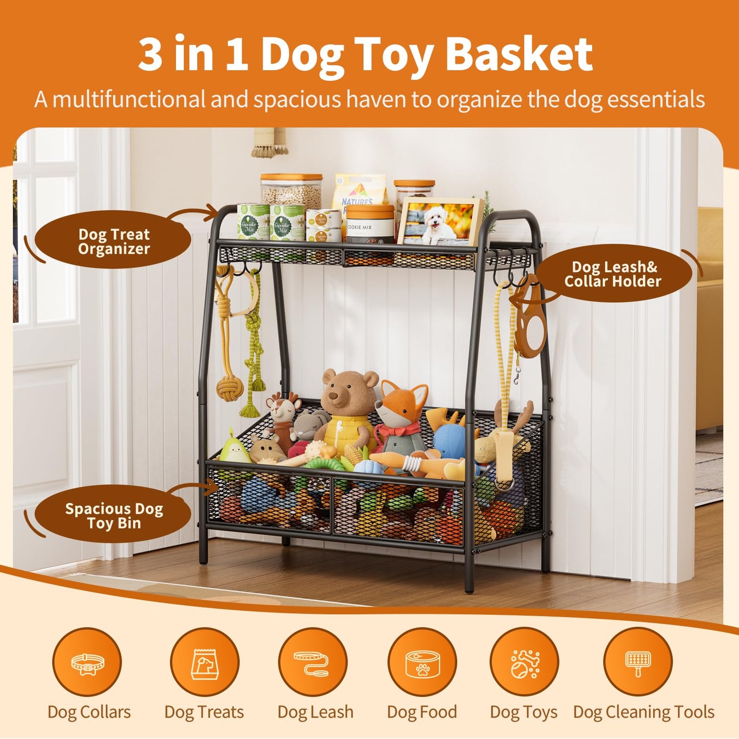 Lomivra Full Metal Dog Toy Basket, 23.6"x11.2"x7.9" Large Dogs Toy Bin with Storage Organizer, Chew-Resistant Toy Box for Dog Stuff Accessories, Pet Toy Storage Holder for Cat Dogs Essential Supplies