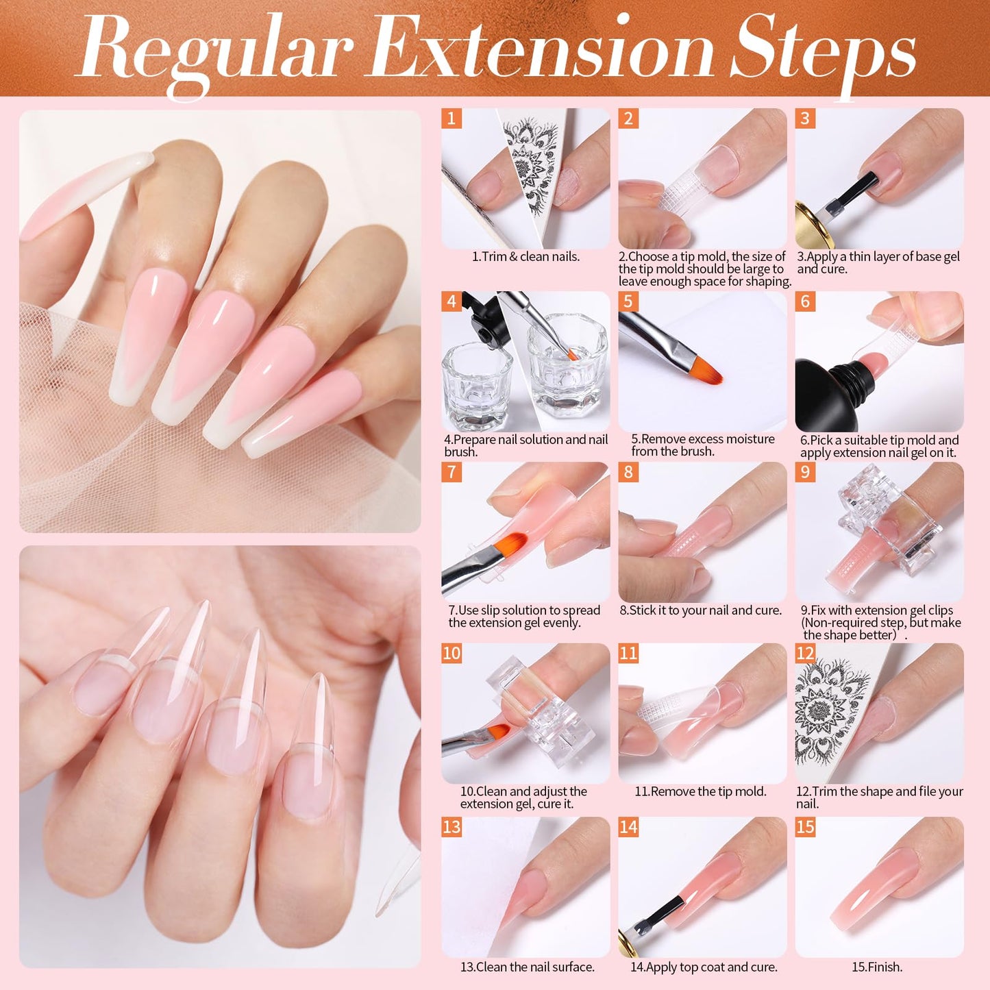 BORN PRETTY Poly Extension Gel Kit-12 Colors Extension Nail Gel Kit Nude Clear Jelly Pink All-In-1 Kit Builder Glue Gel with Nail Lamp Base Top Coat Set Nail Forms French Manicure Ideal Gifts