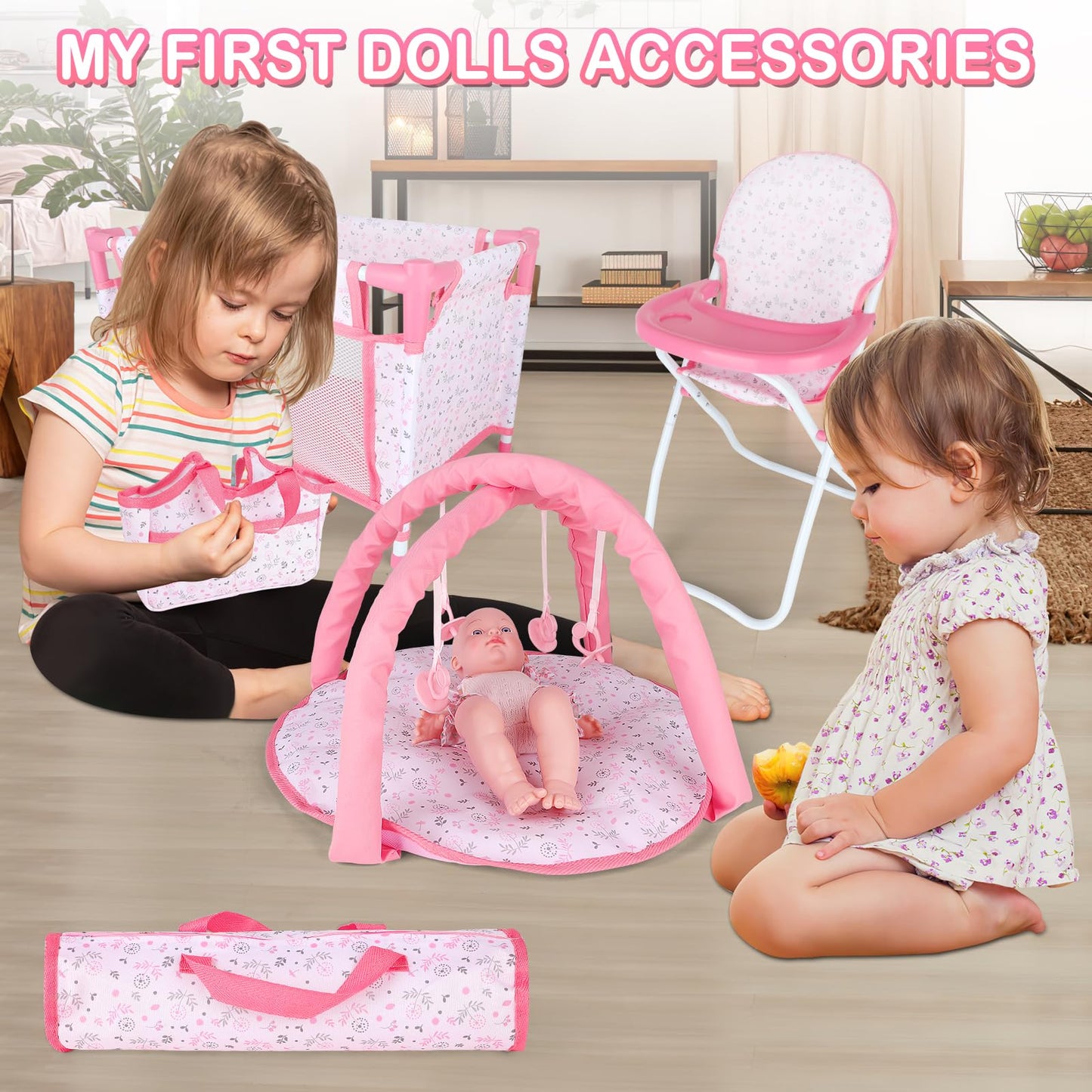 deAO Baby Doll Accessories Baby Doll Playset Doll High Chair Baby Doll Crib Bed Play Mat Storage Bag Handbag Wing - 6 in 1 Pink Dolls Playset with Furniture Toys for 12-14’’ Dolls