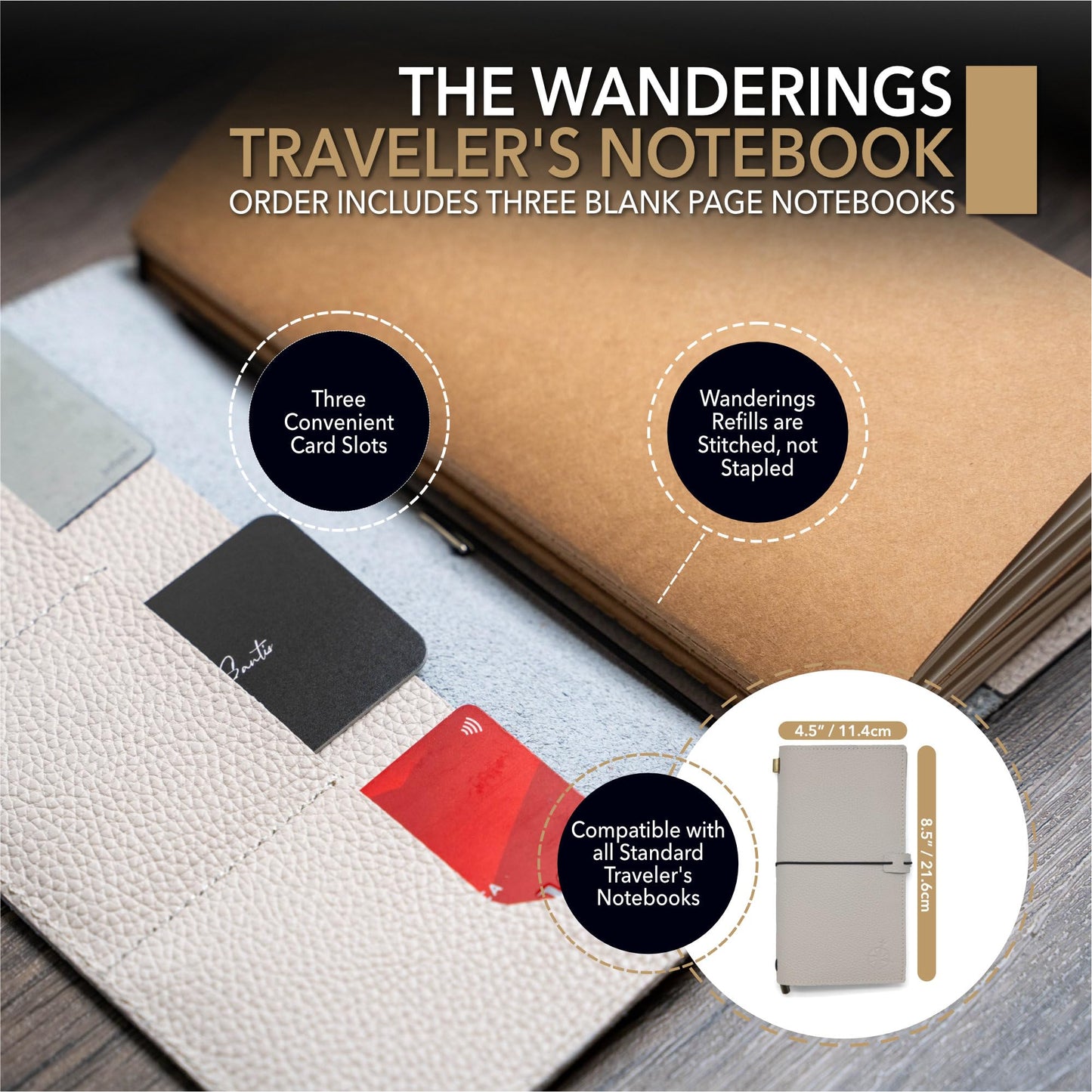 WANDERINGS Regular Size Travelers Notebook with Pockets - 4.5" x 8.5" (11.5 x 22cm) - Refillable Travelers Journal - a Beautifully Handcrafted Leather Journal in Oat, 100 GSM Blank Inserts