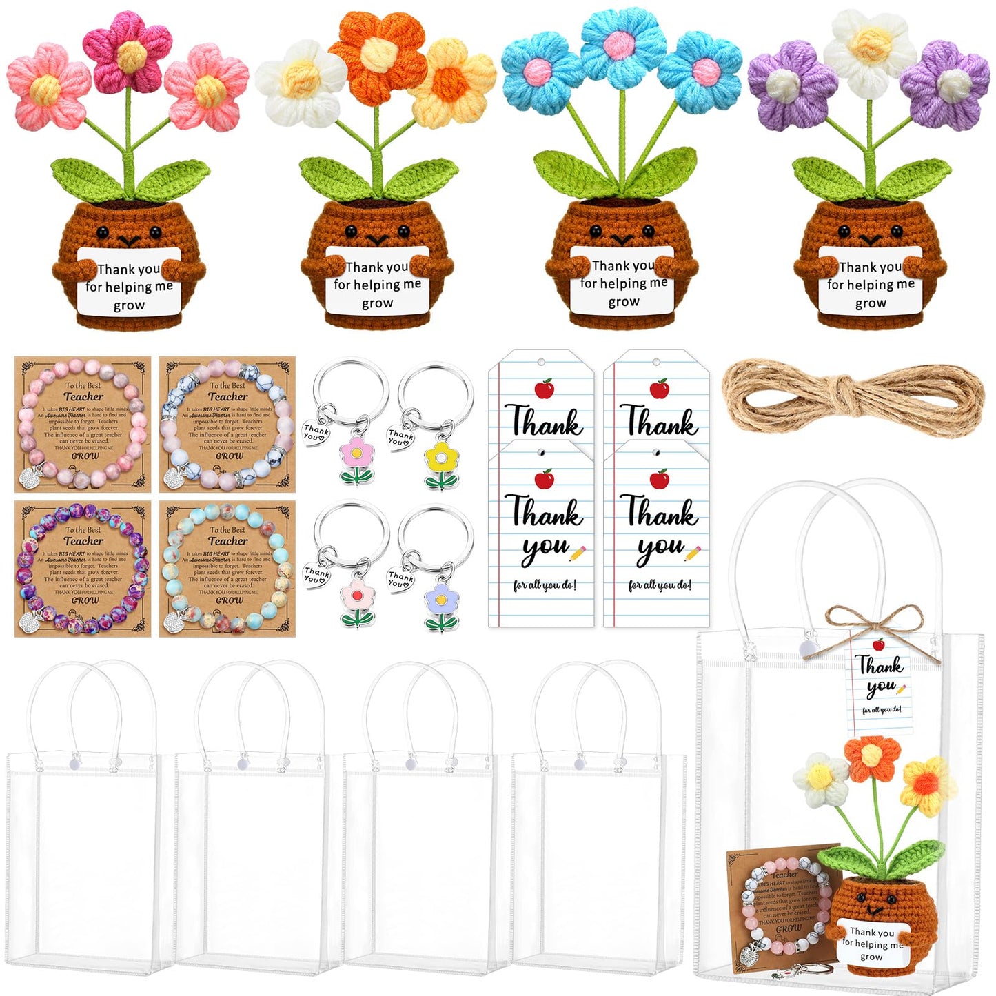 Wavwavw 4 Sets Teacher Appreciation Gifts Bulk Include Crochet Flower Dolls Thank You Crochet Gift Bracelets Keychains Appreciation Bags with Cards Tags End of Year Teacher Gifts(Puff Flower)